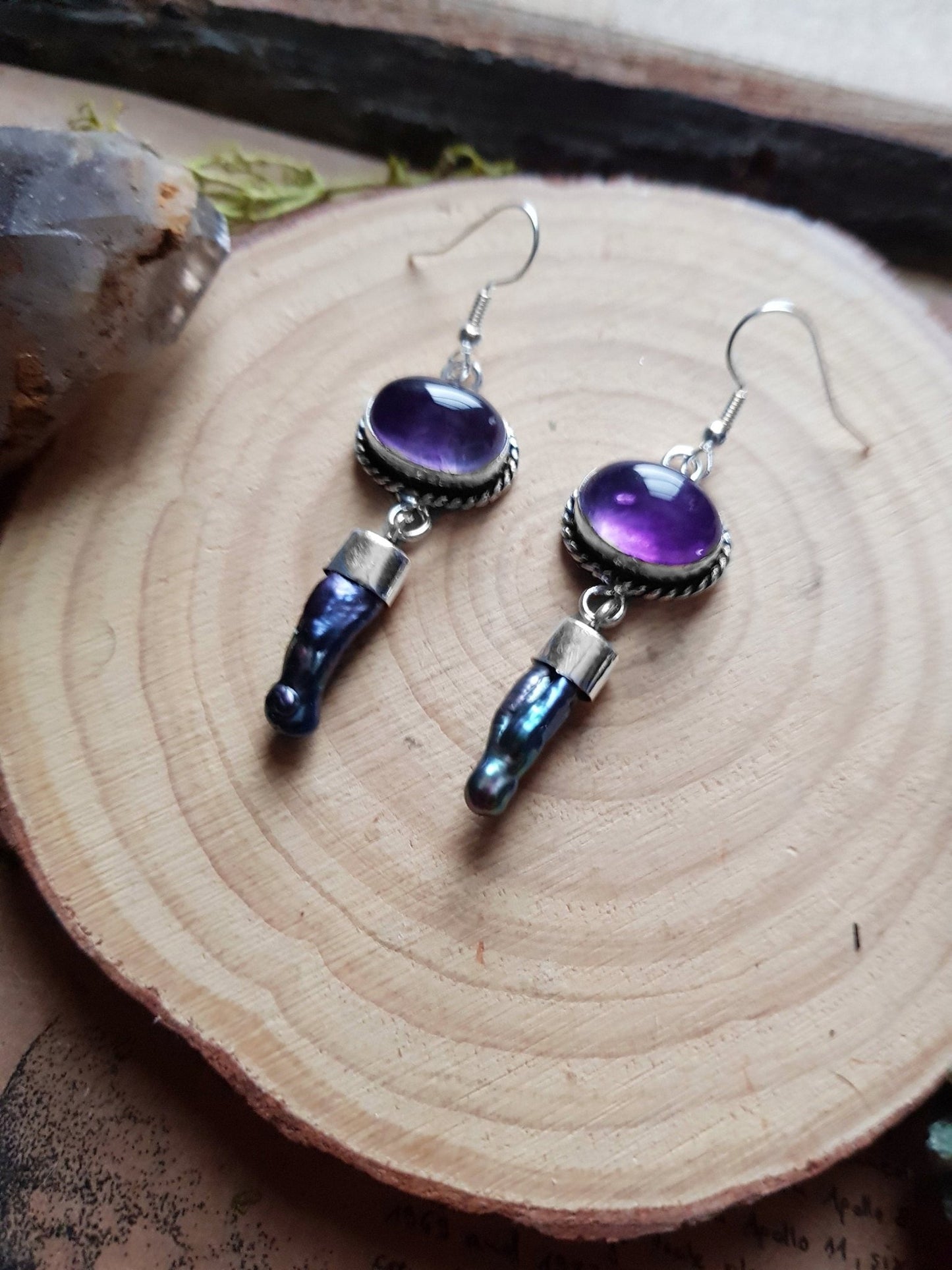 Amethyst Biwa Pearl Earrings: Sterling Silver Dangle Boho Jewelry - LunarGem - 