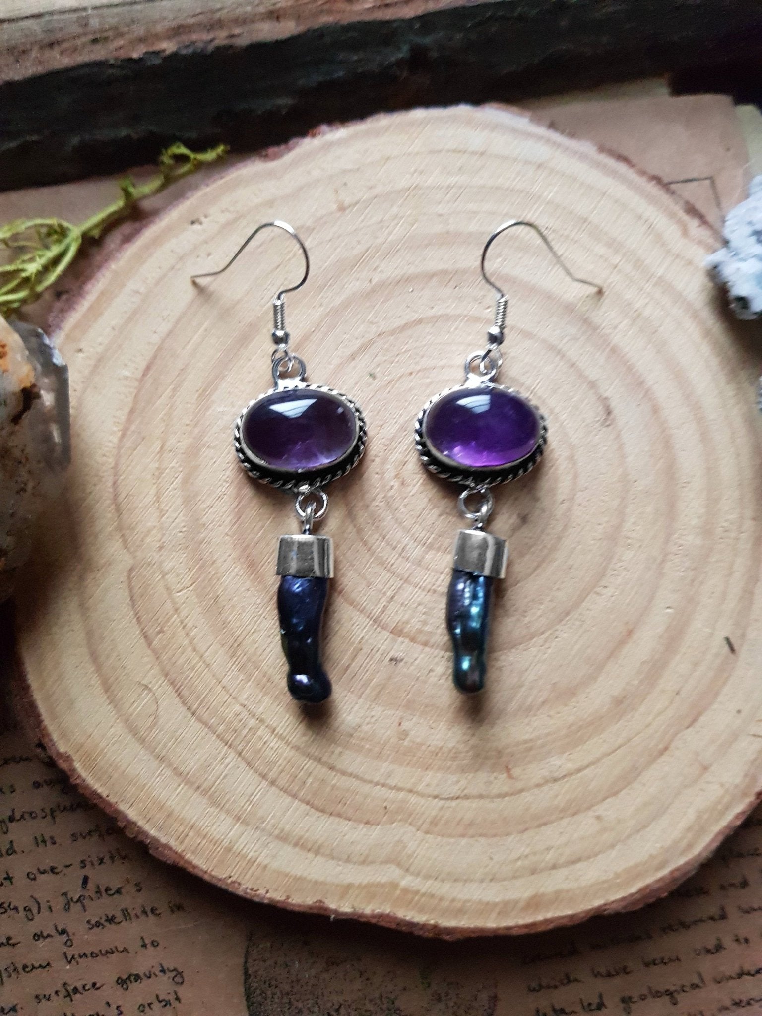 Amethyst Biwa Pearl Earrings: Sterling Silver Dangle Boho Jewelry - LunarGem - 