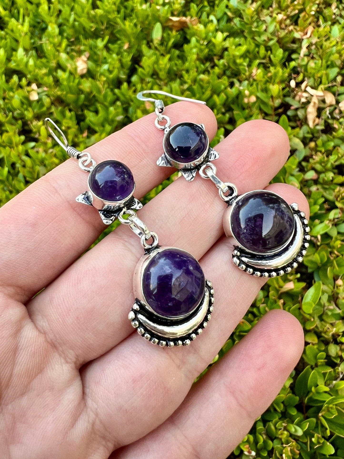 Amethyst Dangle Earrings: Sterling Silver Boho Gemstone - LunarGem - 