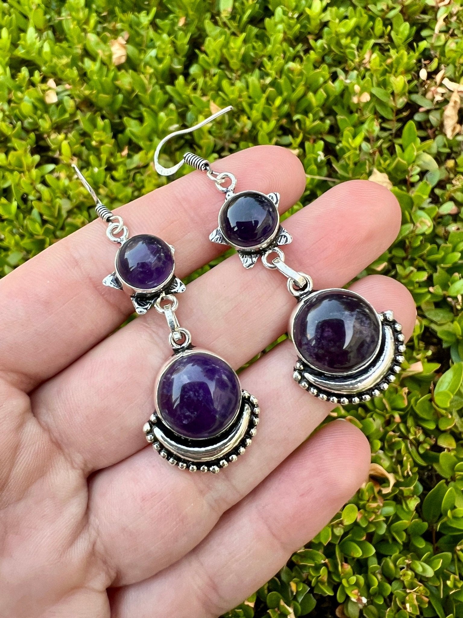 Amethyst Dangle Earrings: Sterling Silver Boho Gemstone - LunarGem - 