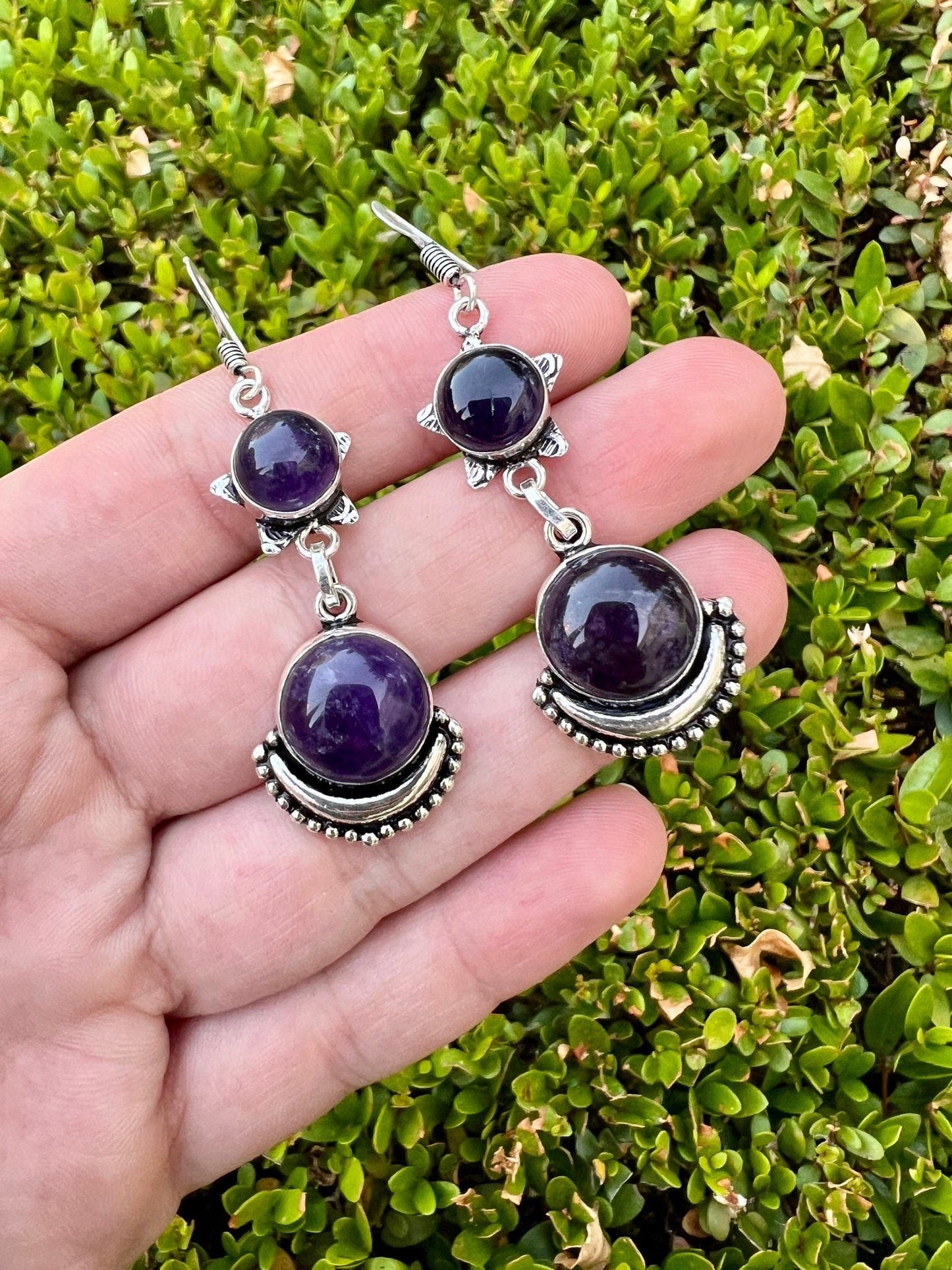 Amethyst Dangle Earrings: Sterling Silver Boho Gemstone - LunarGem - 