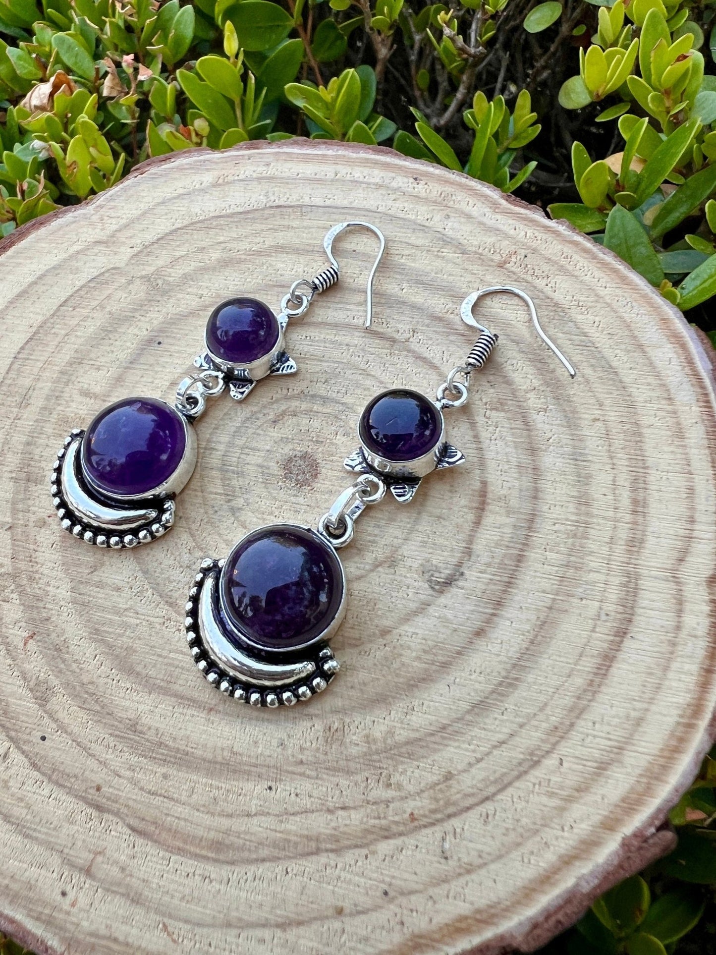Amethyst Dangle Earrings: Sterling Silver Boho Gemstone - LunarGem - 