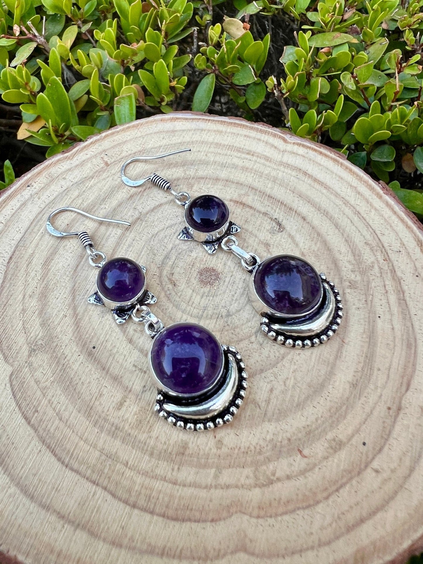 Amethyst Dangle Earrings: Sterling Silver Boho Gemstone - LunarGem - 