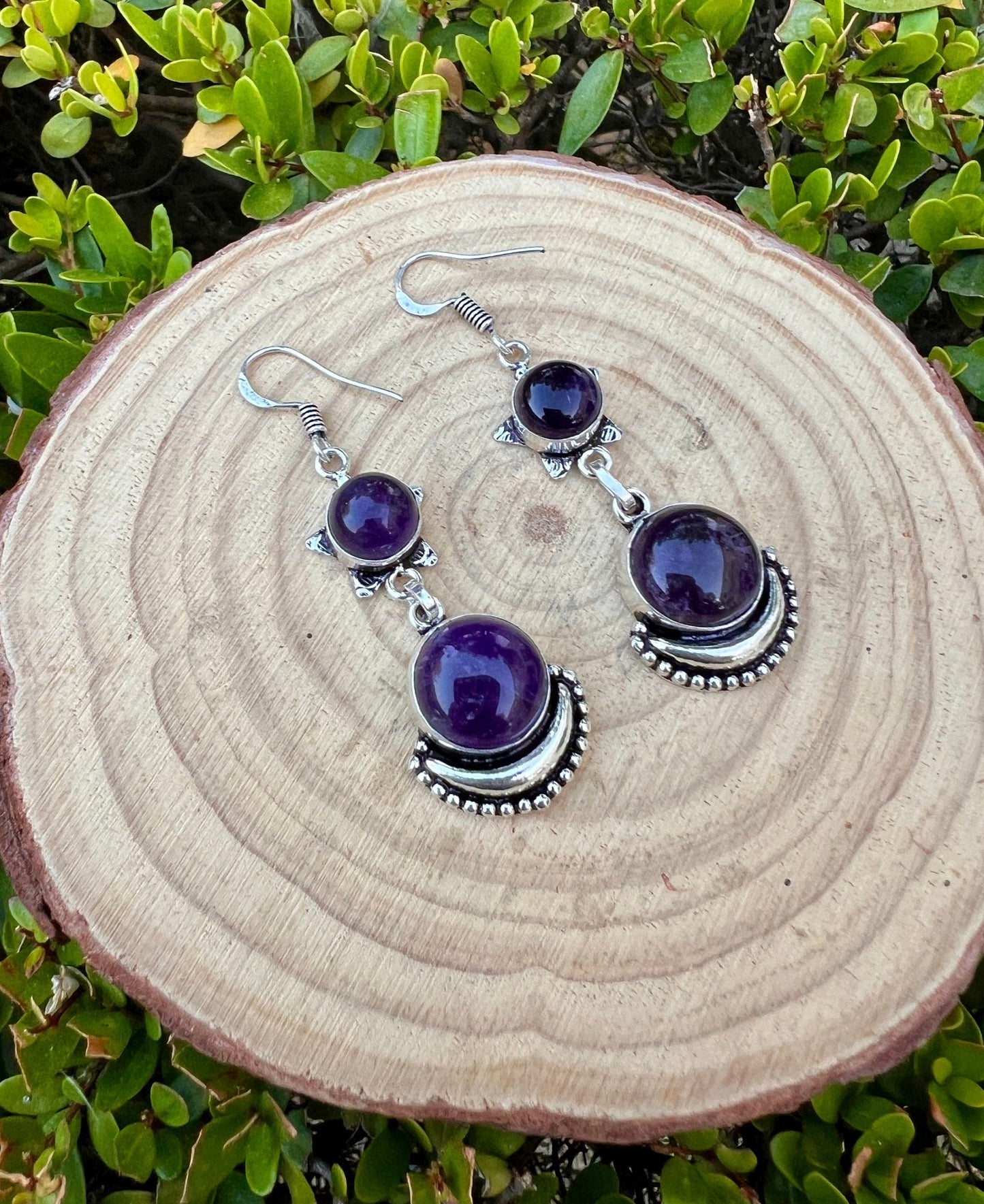 Amethyst Dangle Earrings: Sterling Silver Boho Gemstone - LunarGem - 