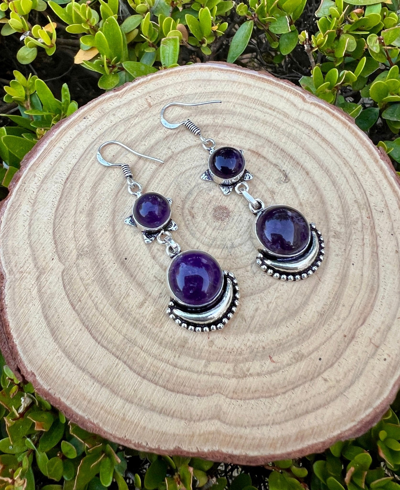 Amethyst Dangle Earrings: Sterling Silver Boho Gemstone - LunarGem - 