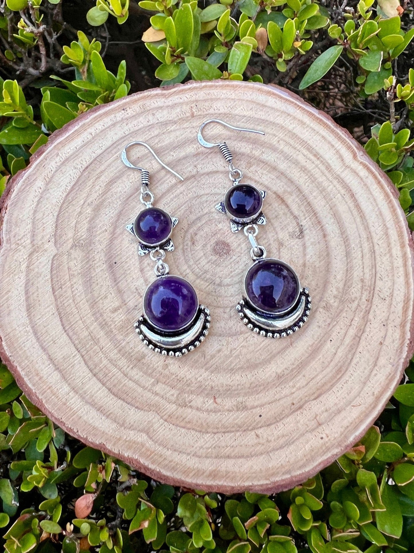 Amethyst Dangle Earrings: Sterling Silver Boho Gemstone - LunarGem - 