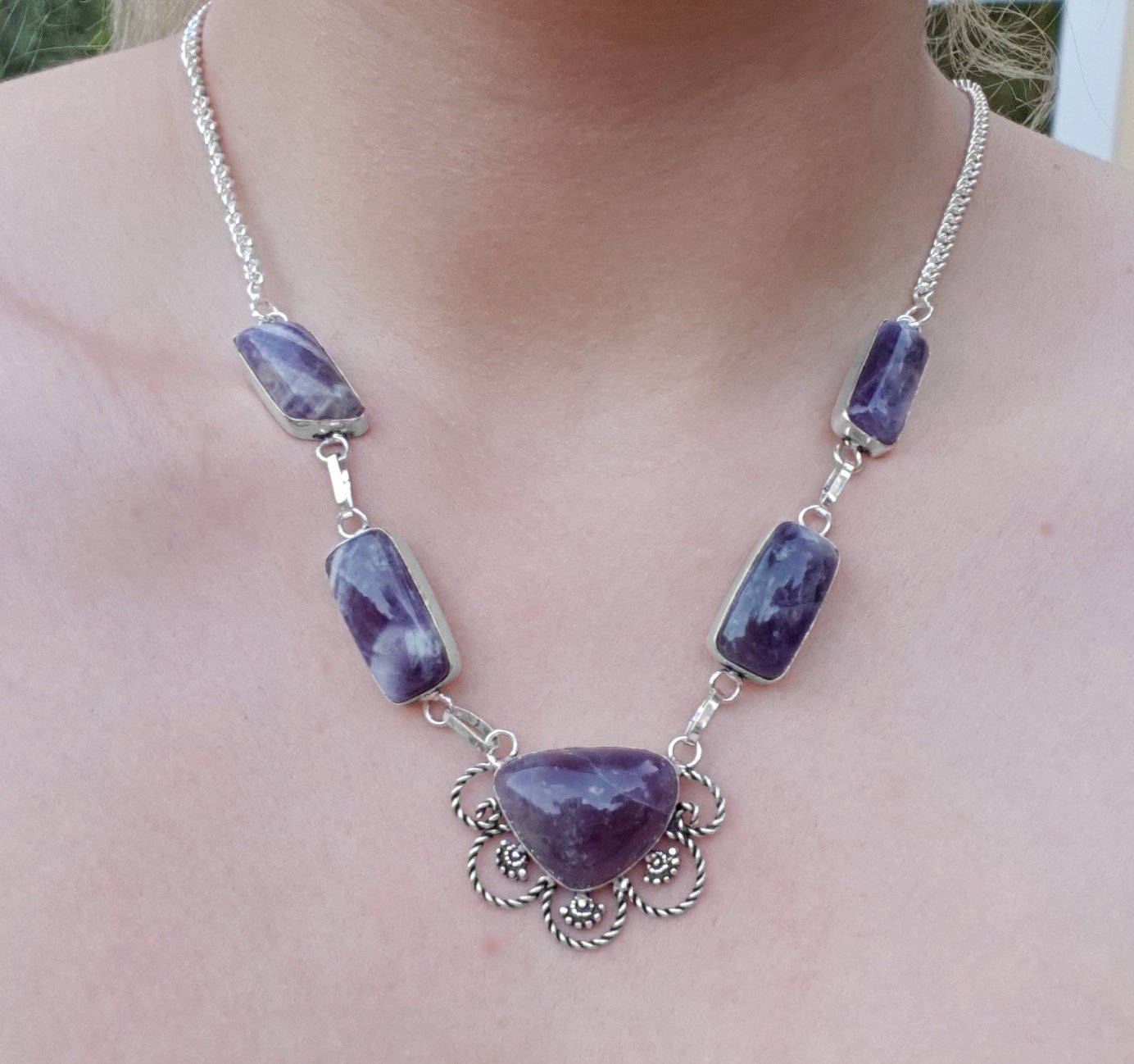 Amethyst Statement Necklace: Recycled Sterling Silver Boho Gemstone - LunarGem - 