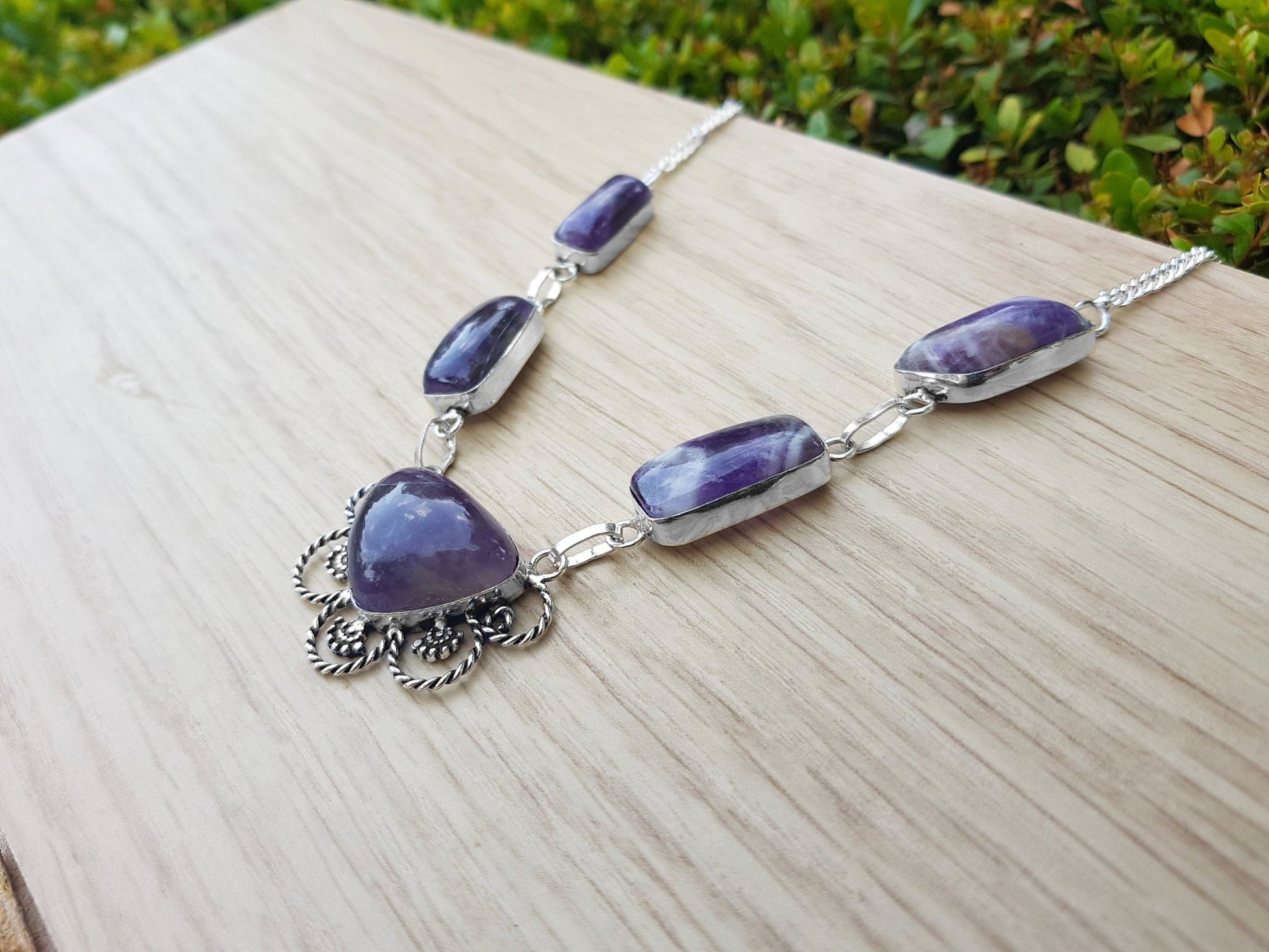 Amethyst Statement Necklace: Recycled Sterling Silver Boho Gemstone - LunarGem - 