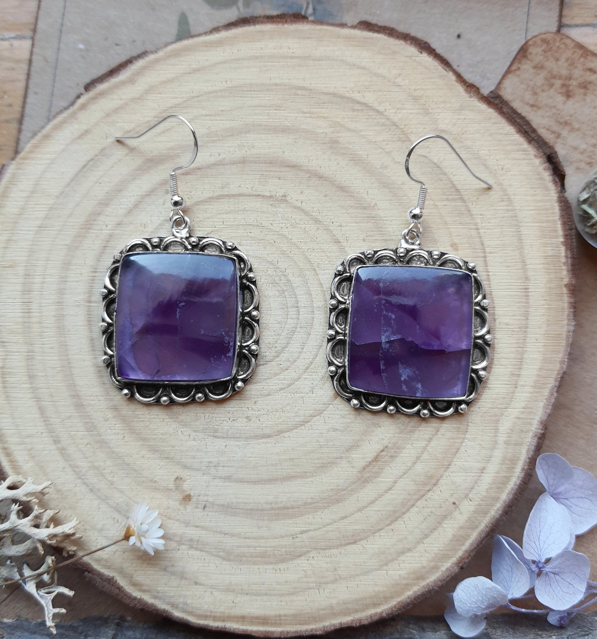 Amethyst Sterling Silver Dangle Earrings: Boho Gemstone Jewelry - LunarGem - 