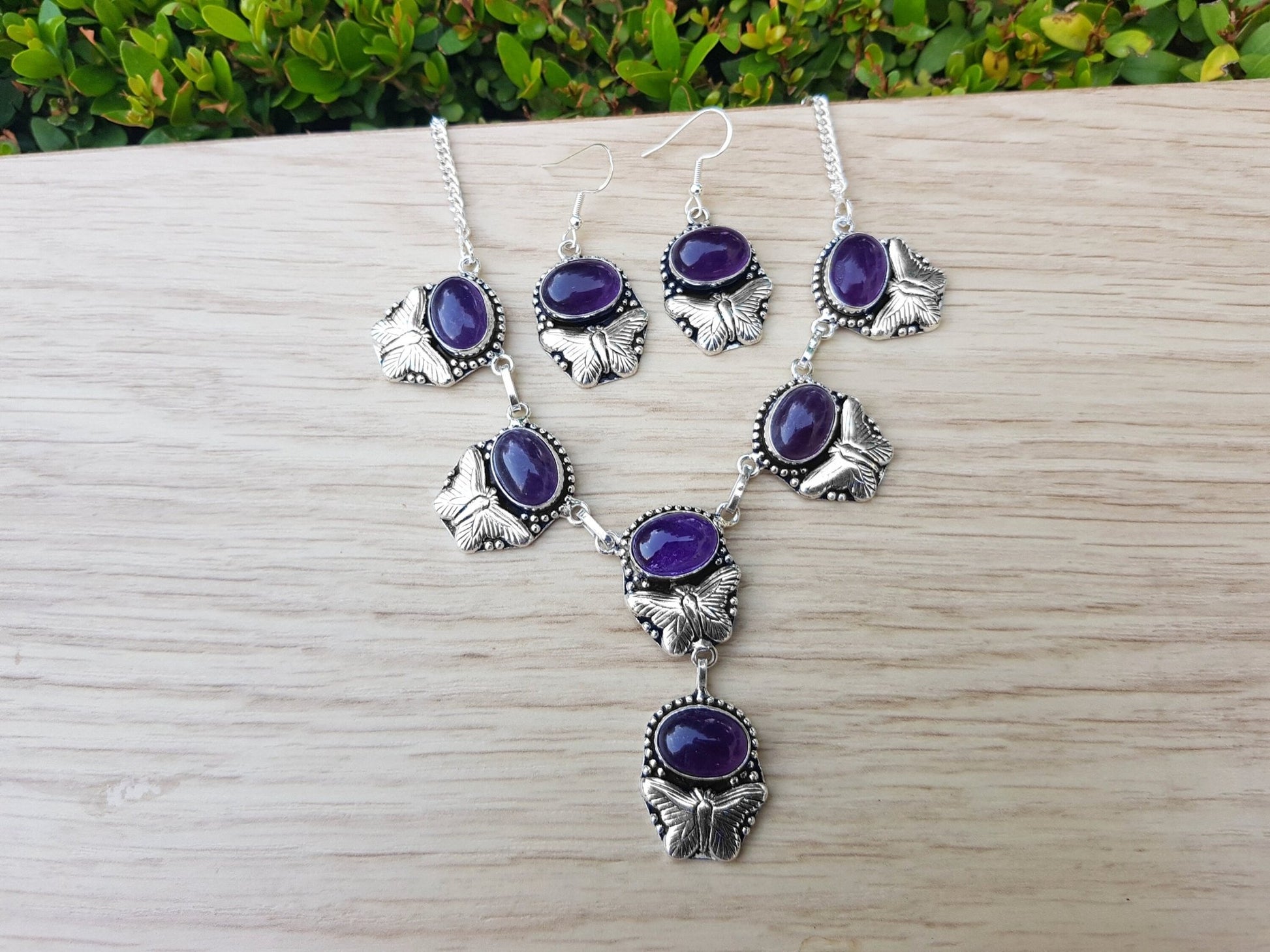 Amethyst Sterling Silver Necklace and Earrings Set: Boho Statement Jewelry - LunarGem - 