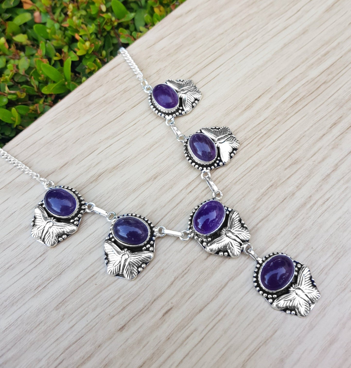Amethyst Sterling Silver Necklace and Earrings Set: Boho Statement Jewelry - LunarGem - 