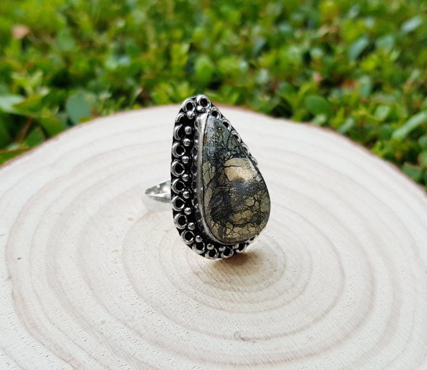 Apache Gold Pyrite Sterling Silver Ring - Boho Statement Ring US 9 - LunarGem - Rings