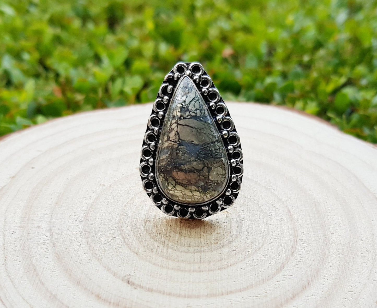 Apache Gold Pyrite Sterling Silver Ring - Boho Statement Ring US 9 - LunarGem - Rings