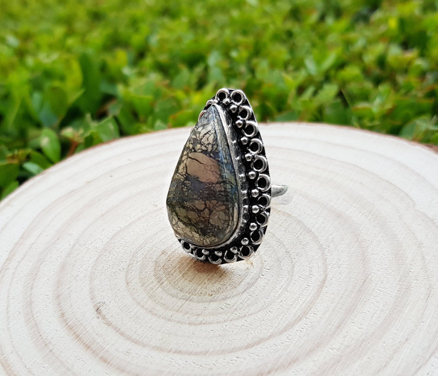 Apache Gold Pyrite Sterling Silver Ring - Boho Statement Ring US 9 - LunarGem - Rings