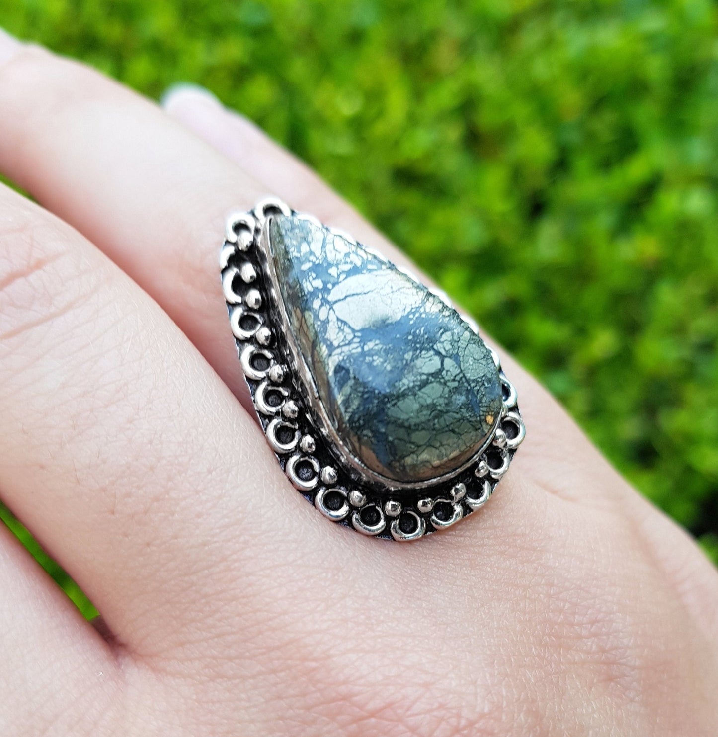 Apache Gold Pyrite Sterling Silver Ring - Boho Statement Ring US 9 - LunarGem - Rings