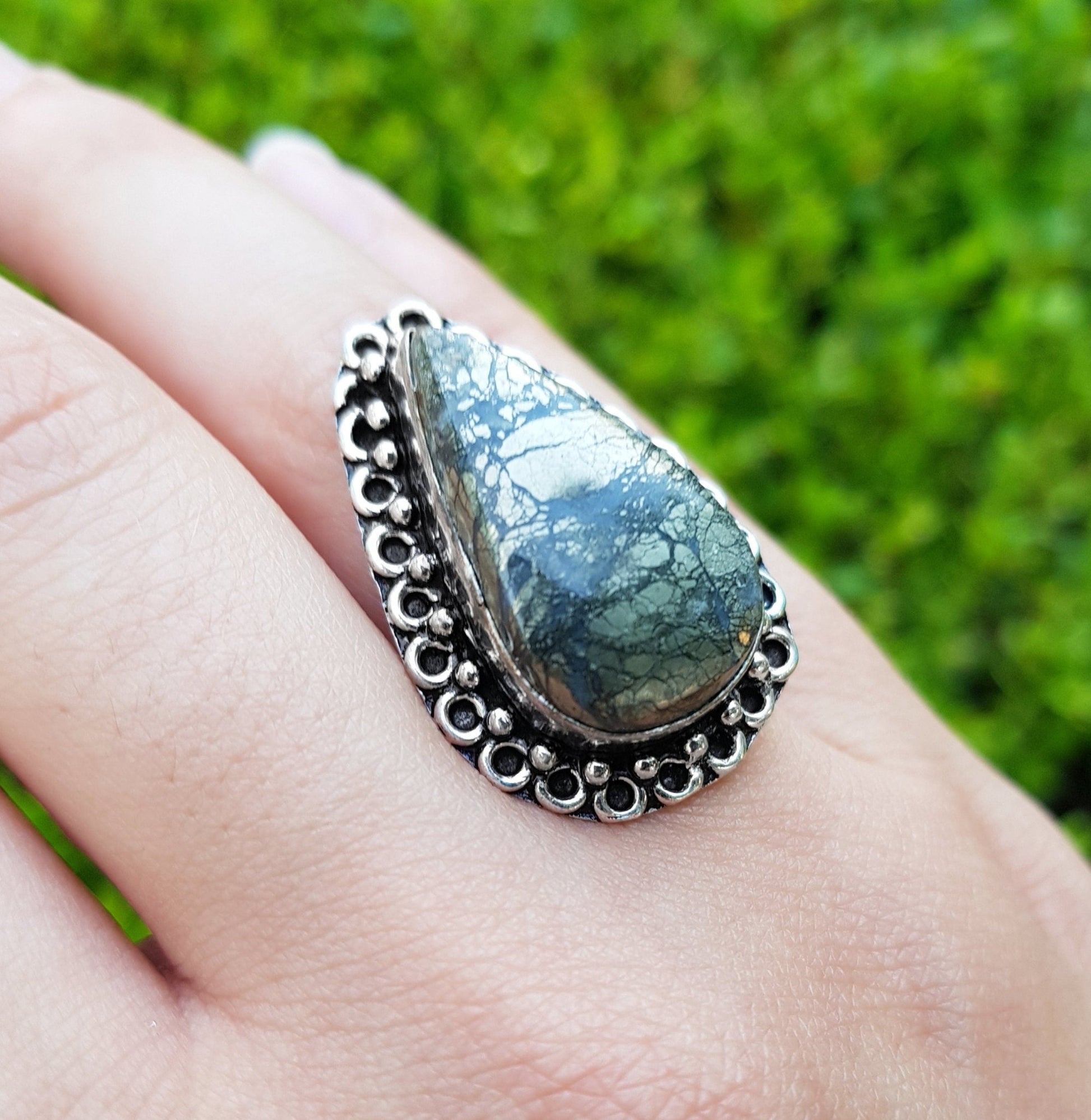 Apache Gold Pyrite Sterling Silver Ring - Boho Statement Ring US 9 - LunarGem - Rings