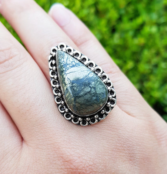 Apache Gold Pyrite Sterling Silver Ring - Boho Statement Ring US 9 - LunarGem - Rings