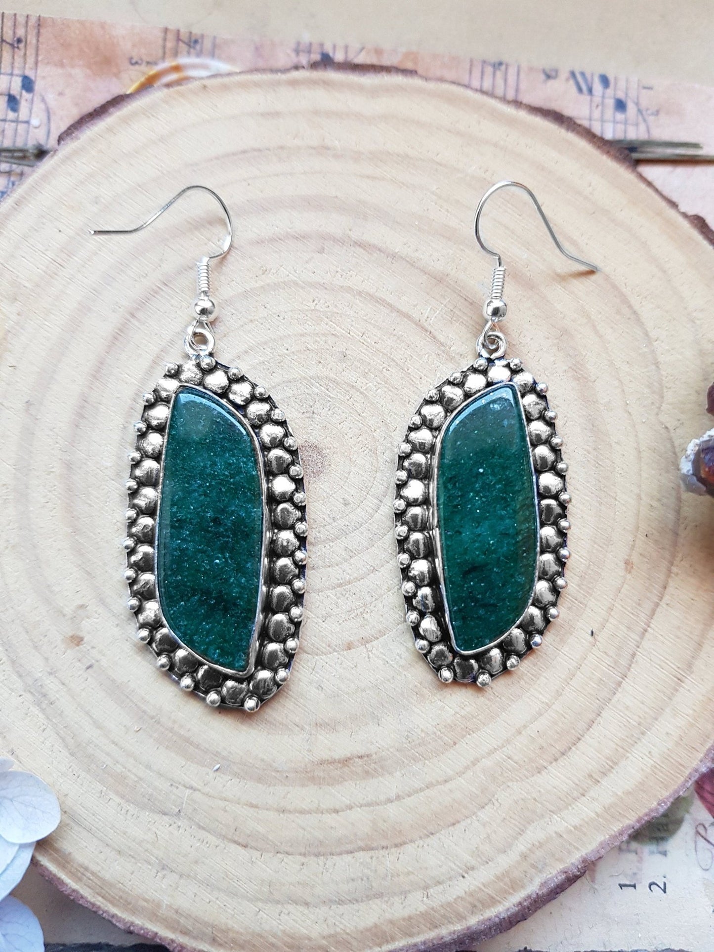 Aventurine Sterling Silver Dangle Earrings, Boho Gemstone Jewelry - LunarGem - 