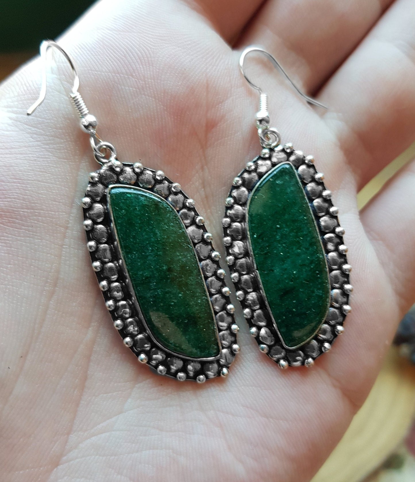 Aventurine Sterling Silver Dangle Earrings, Boho Gemstone Jewelry - LunarGem - 