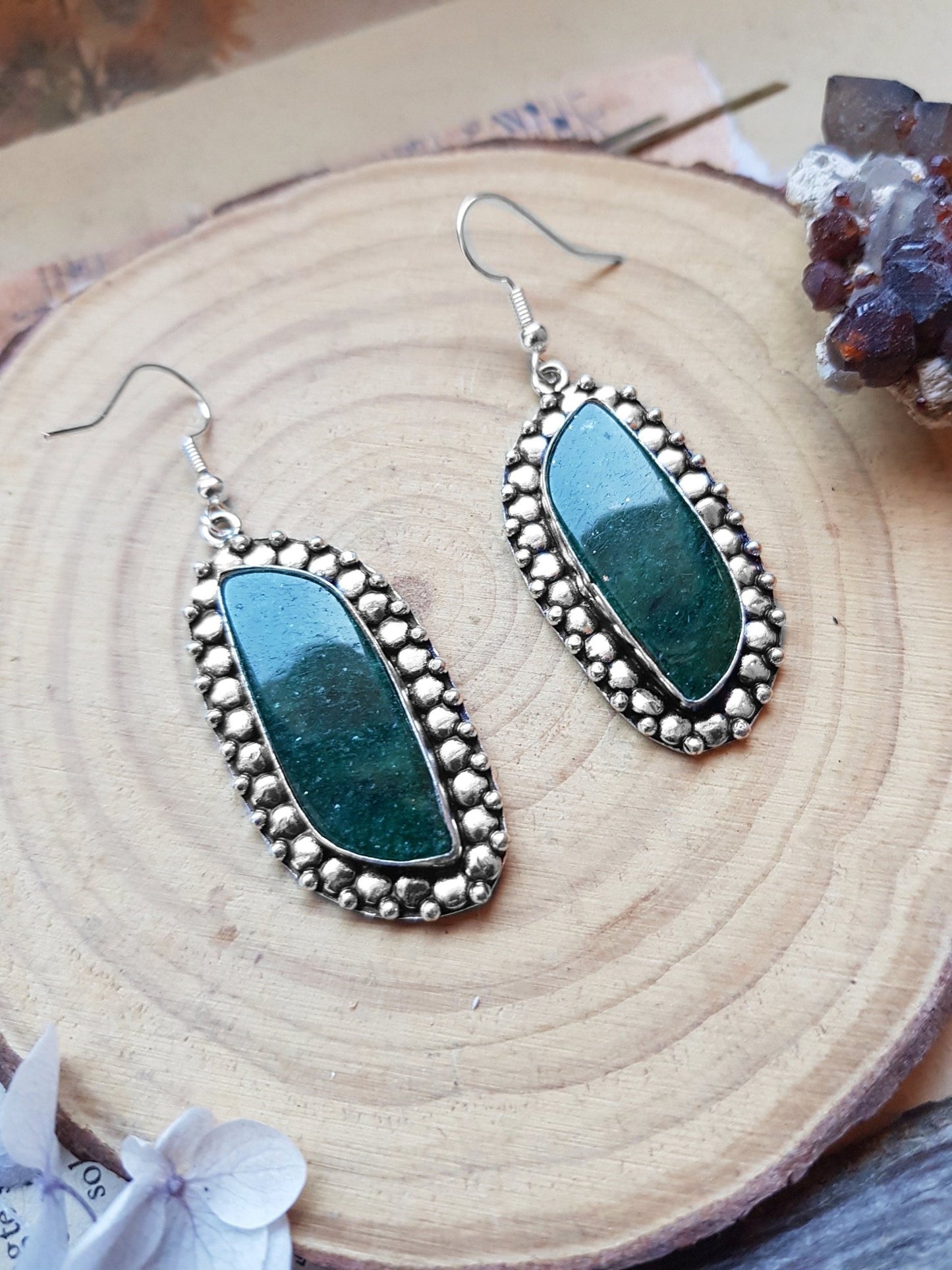 Aventurine Sterling Silver Dangle Earrings, Boho Gemstone Jewelry - LunarGem - 