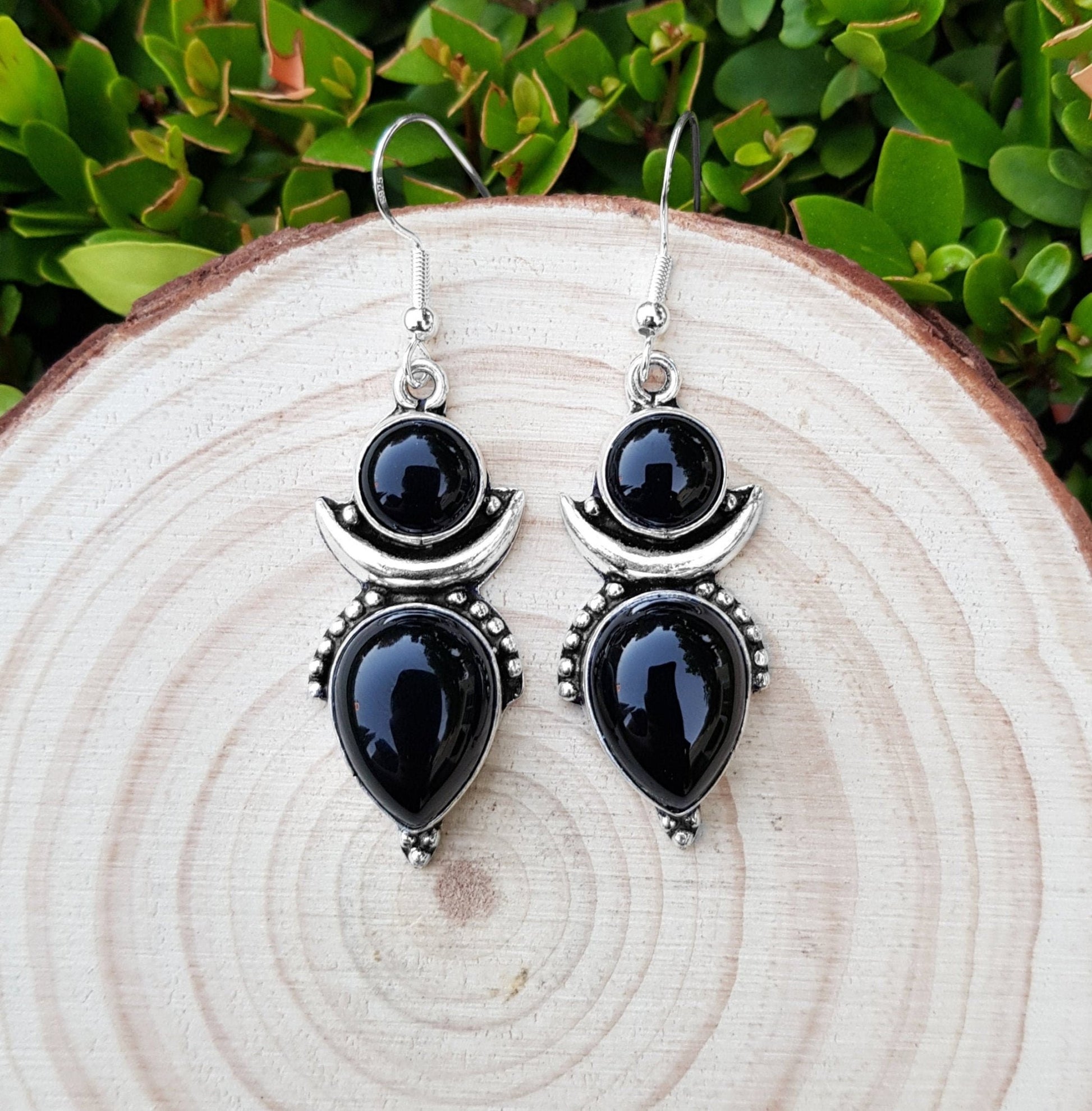 Black Onyx Crescent Moon Earrings: Sterling Silver Boho Dangle - LunarGem - Earrings