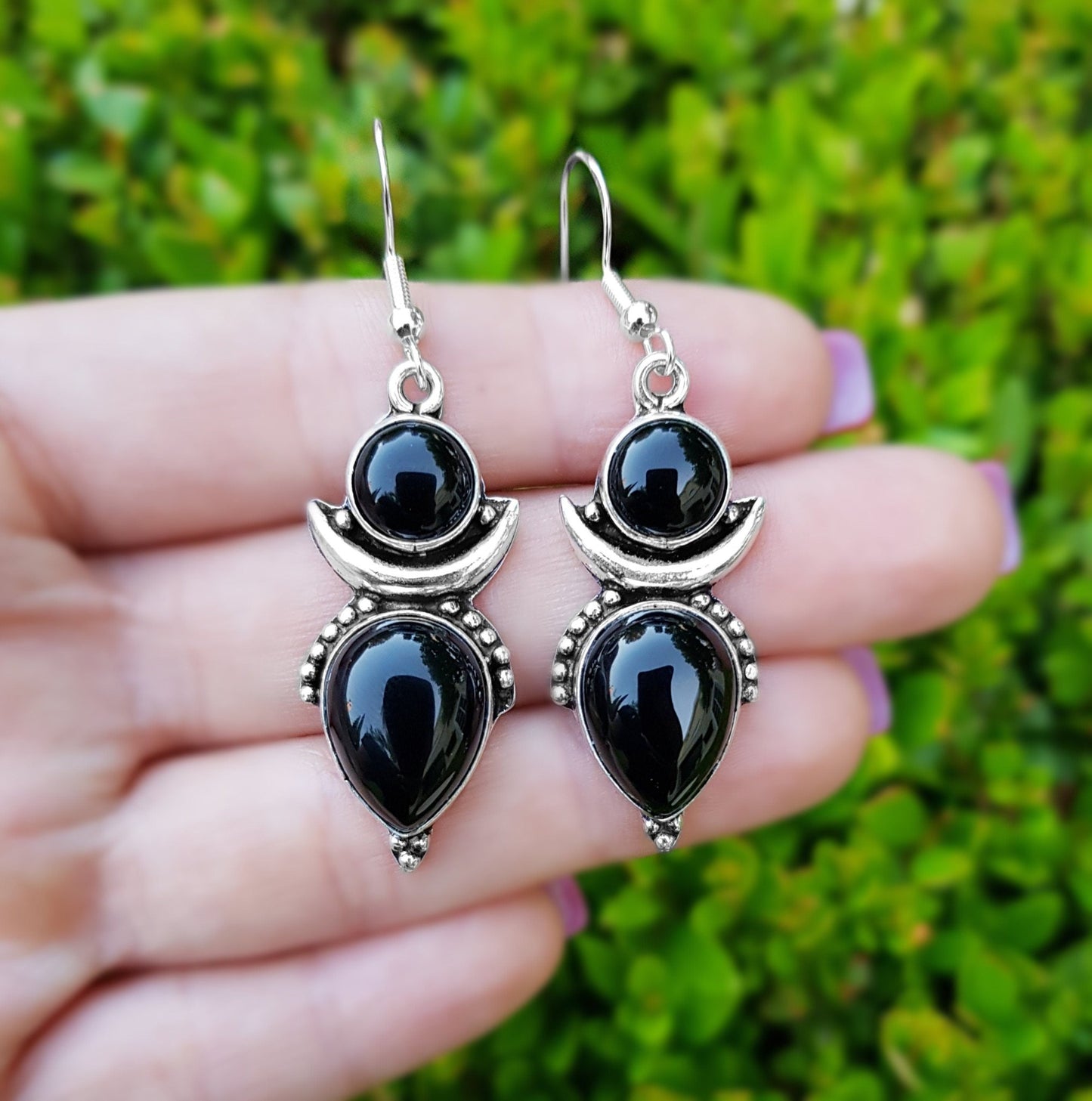 Black Onyx Crescent Moon Earrings: Sterling Silver Boho Dangle - LunarGem - Earrings