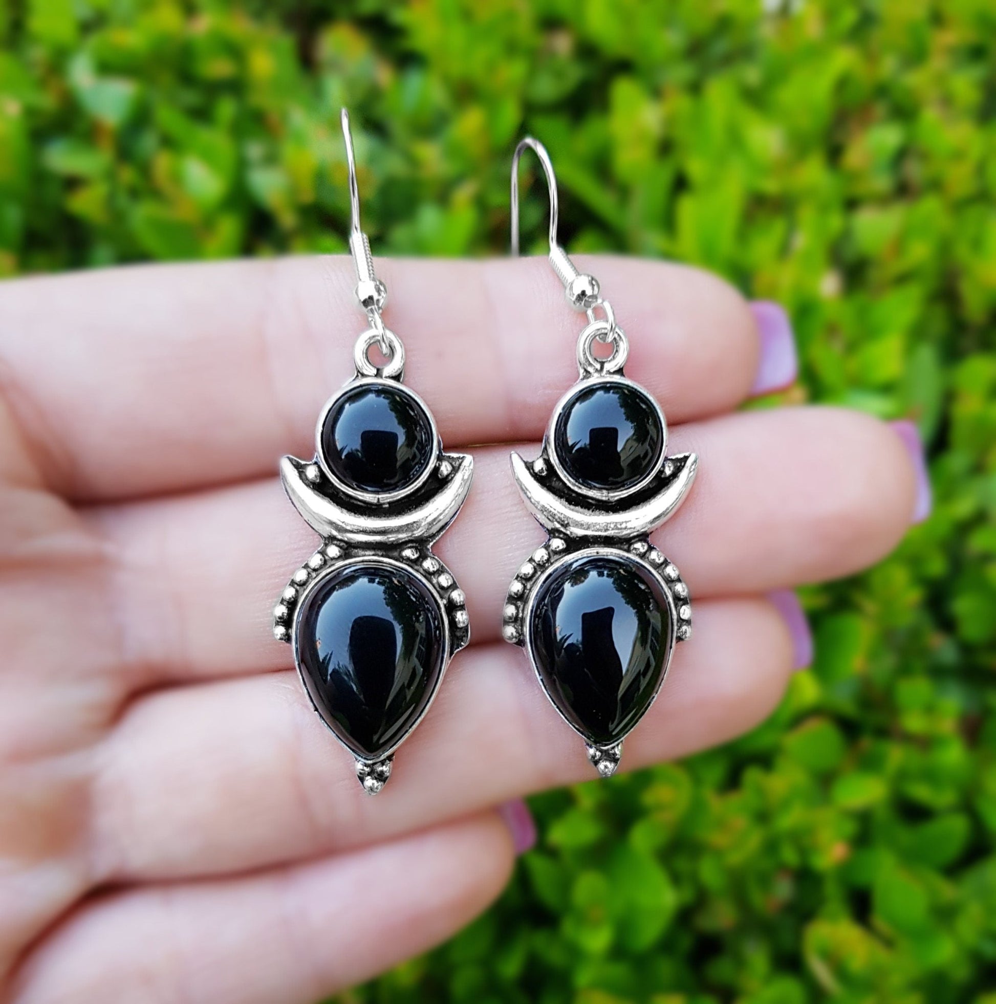 Black Onyx Crescent Moon Earrings: Sterling Silver Boho Dangle - LunarGem - Earrings