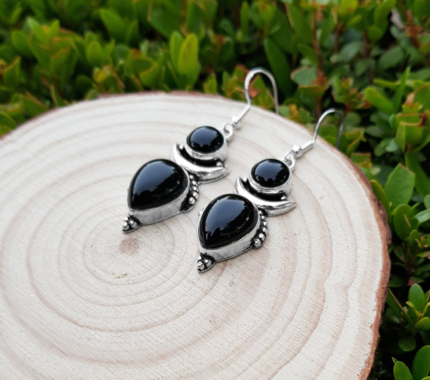 Black Onyx Crescent Moon Earrings: Sterling Silver Boho Dangle - LunarGem - Earrings