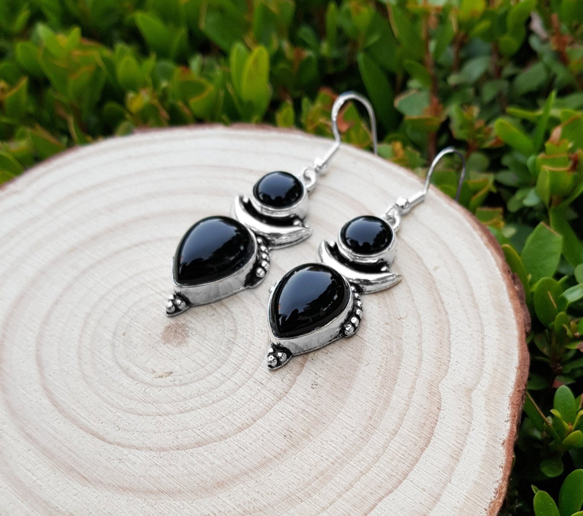 Black Onyx Crescent Moon Earrings: Sterling Silver Boho Dangle - LunarGem - Earrings