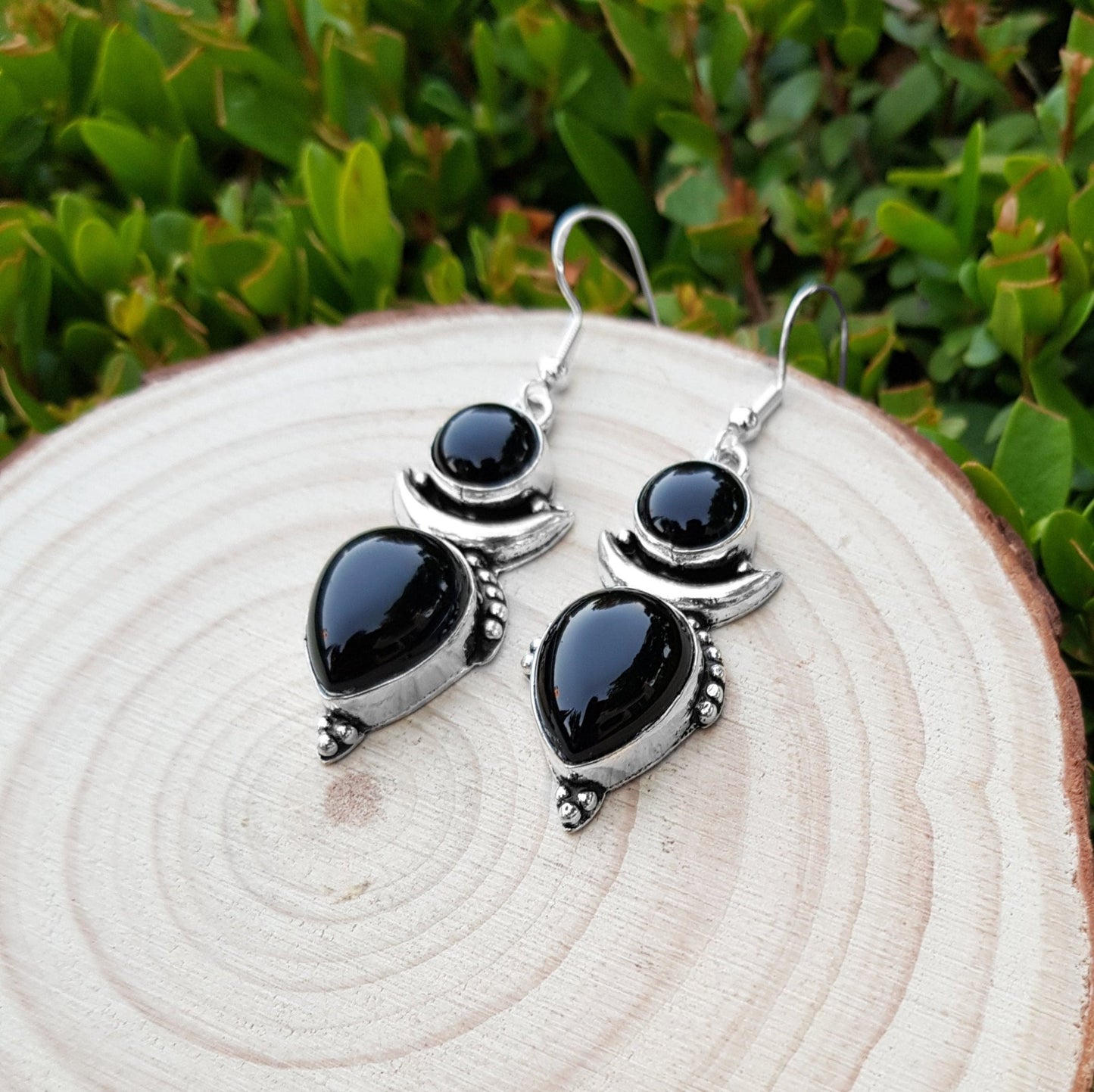Black Onyx Crescent Moon Earrings: Sterling Silver Boho Dangle - LunarGem - Earrings