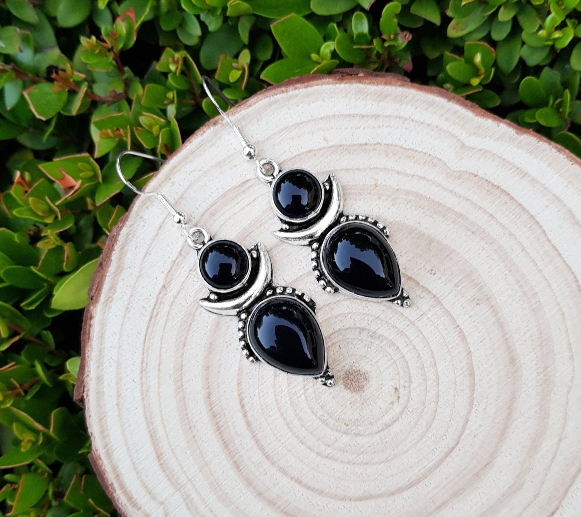 Black Onyx Crescent Moon Earrings: Sterling Silver Boho Dangle - LunarGem - Earrings