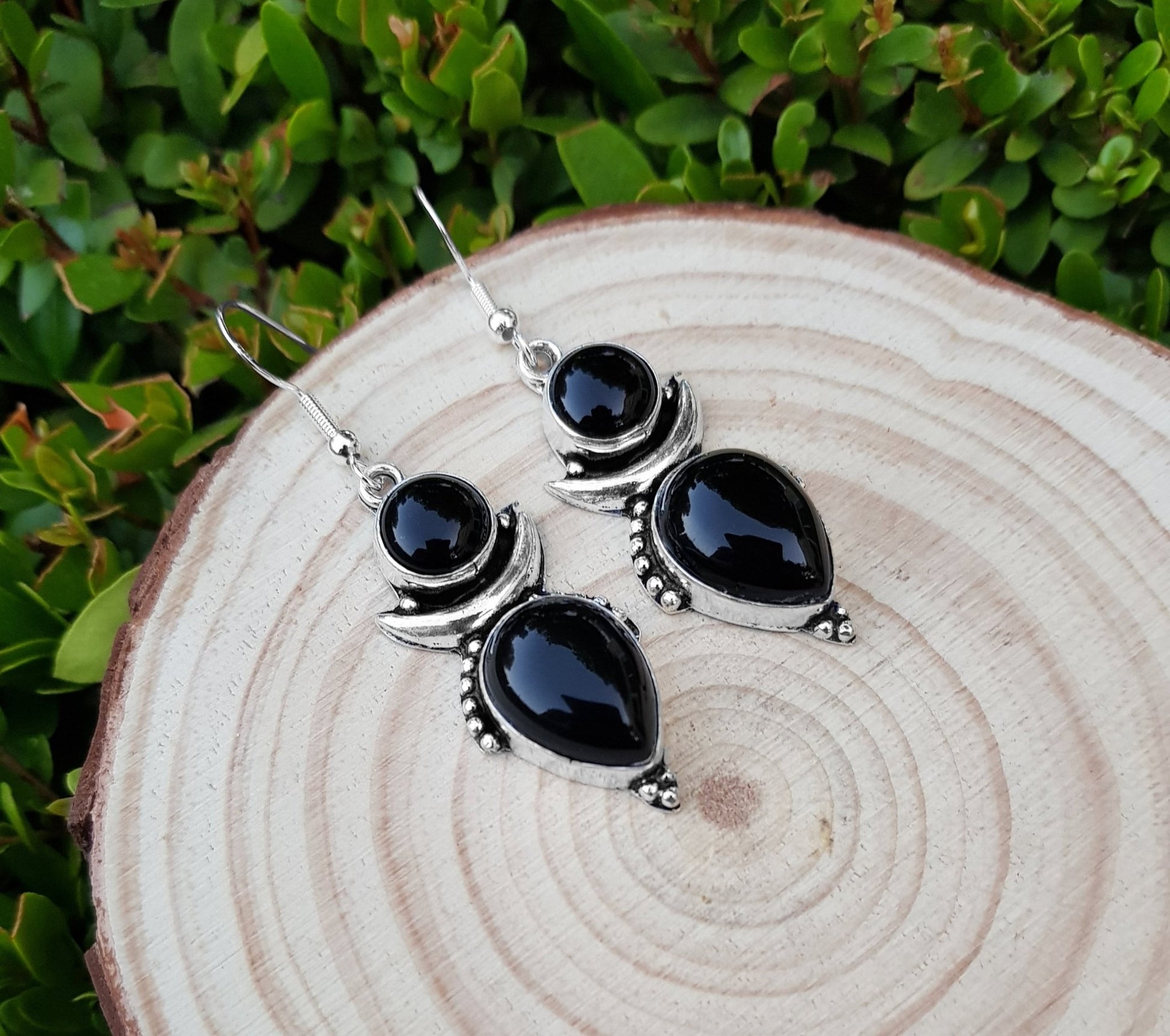 Black Onyx Crescent Moon Earrings: Sterling Silver Boho Dangle - LunarGem - Earrings