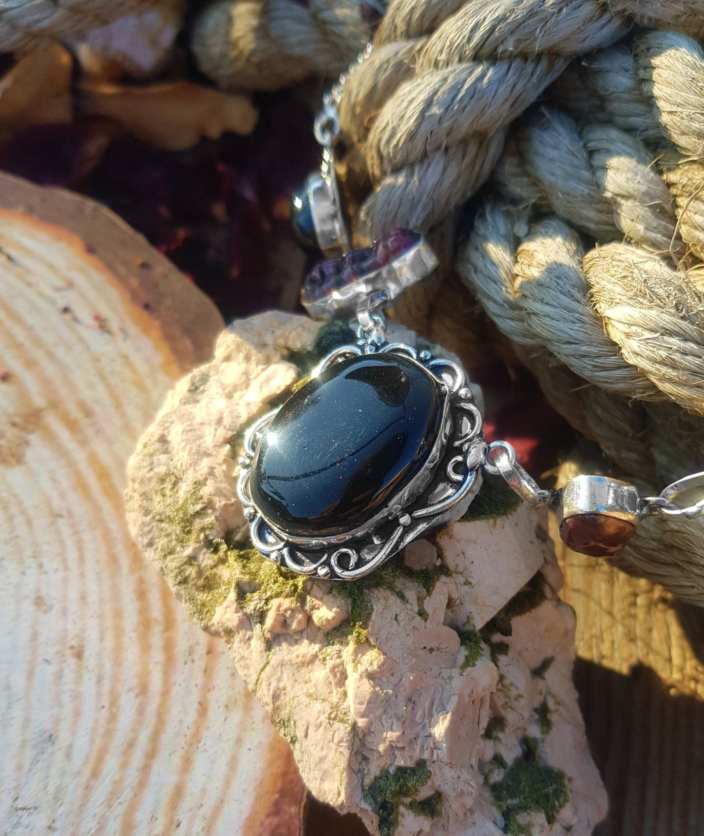 Black Onyx Multi Stone Pendant In Sterling Silver Statement Necklace Boho Gemstone Jewelry GypsyJewelry - LunarGem - 