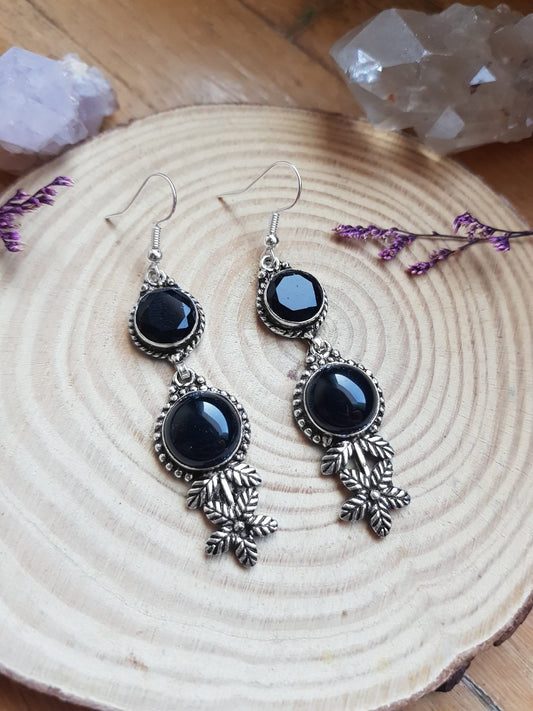 Black Onyx Sterling Silver Dangle Earrings, Unique Statement Jewelry - LunarGem - 