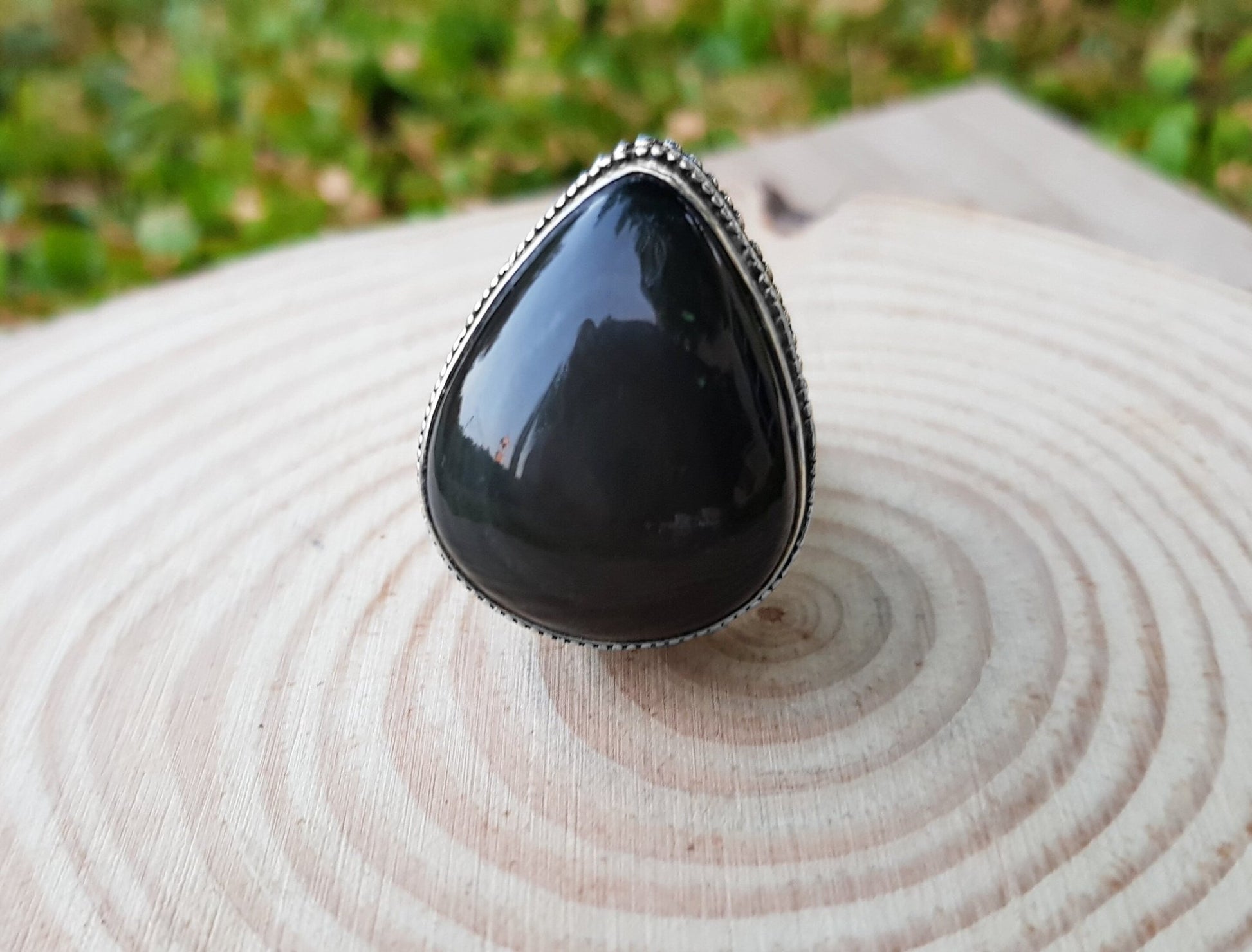 Black Onyx Sterling Silver Ring, Gothic Boho Jewelry (US Size 7 1/2) - LunarGem - 