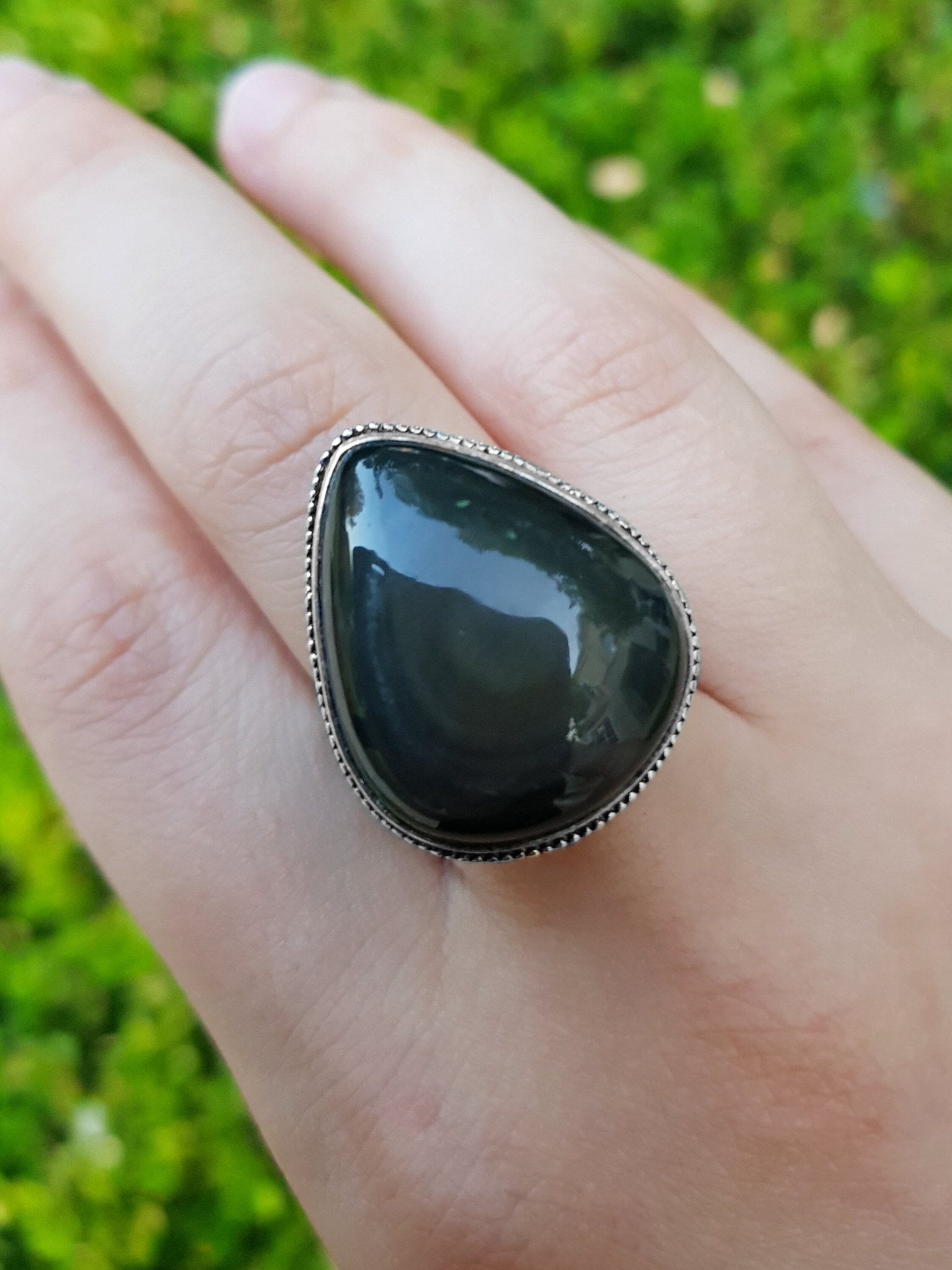Black Onyx Sterling Silver Ring, Gothic Boho Jewelry (US Size 7 1/2) - LunarGem - 