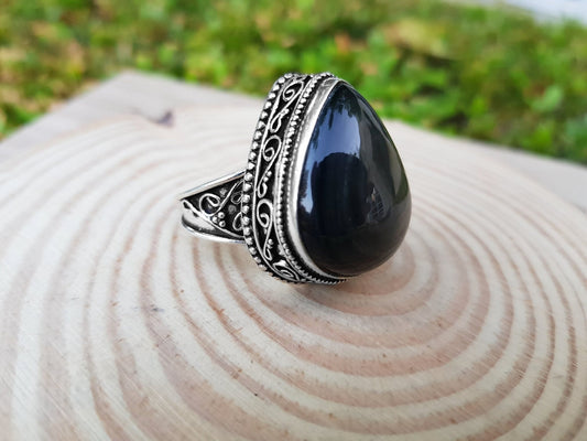 Black Onyx Sterling Silver Ring, Gothic Boho Jewelry (US Size 7 1/2) - LunarGem - 