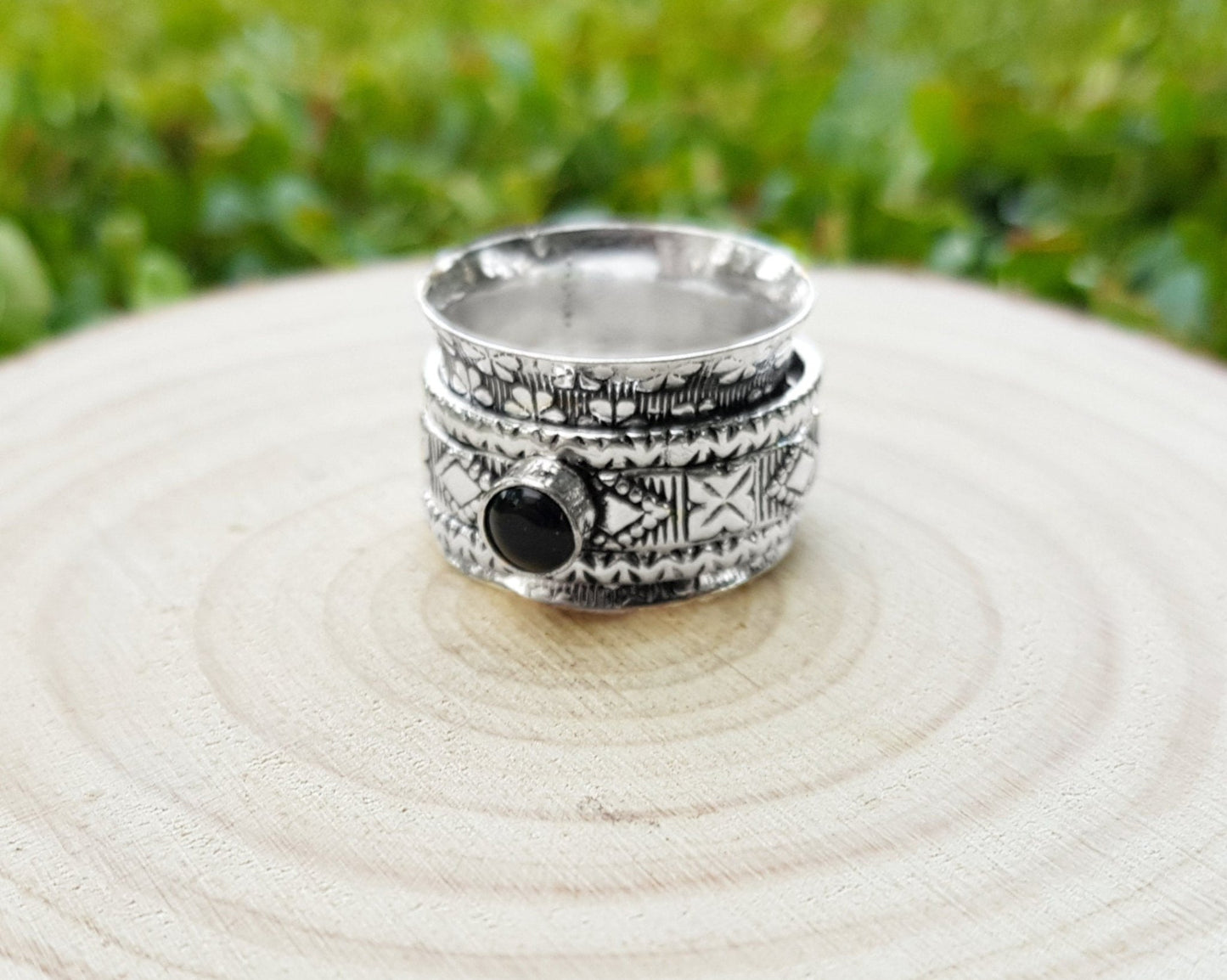 Black Onyx Sterling Silver Spinner Ring Size US 7 3/4 Unisex Ring Boho Ring Gypsy Jewellery Statement Ring Unique Gift - LunarGem - Rings
