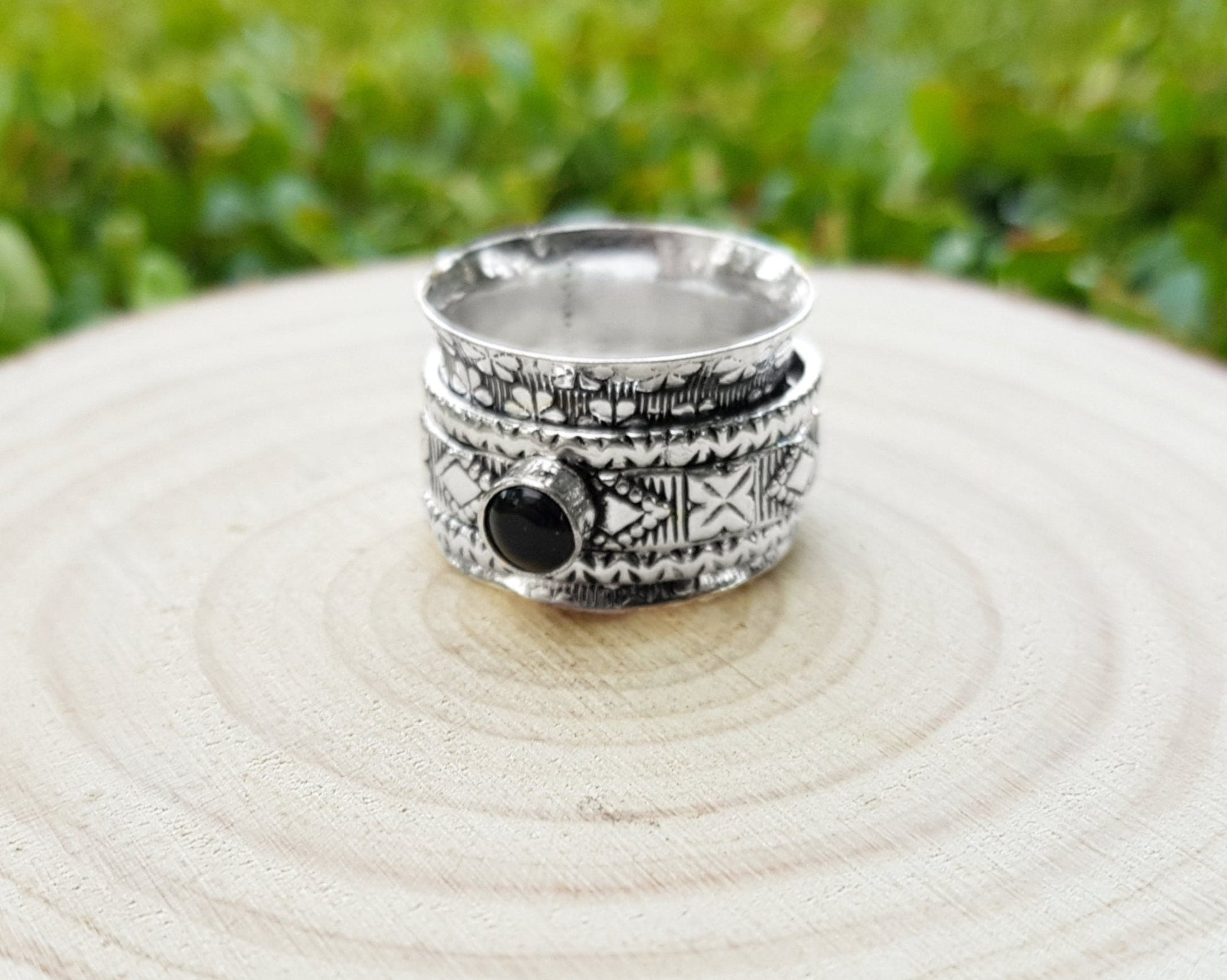 Black Onyx Sterling Silver Spinner Ring Size US 7 3/4 Unisex Ring Boho Ring Gypsy Jewellery Statement Ring Unique Gift - LunarGem - Rings