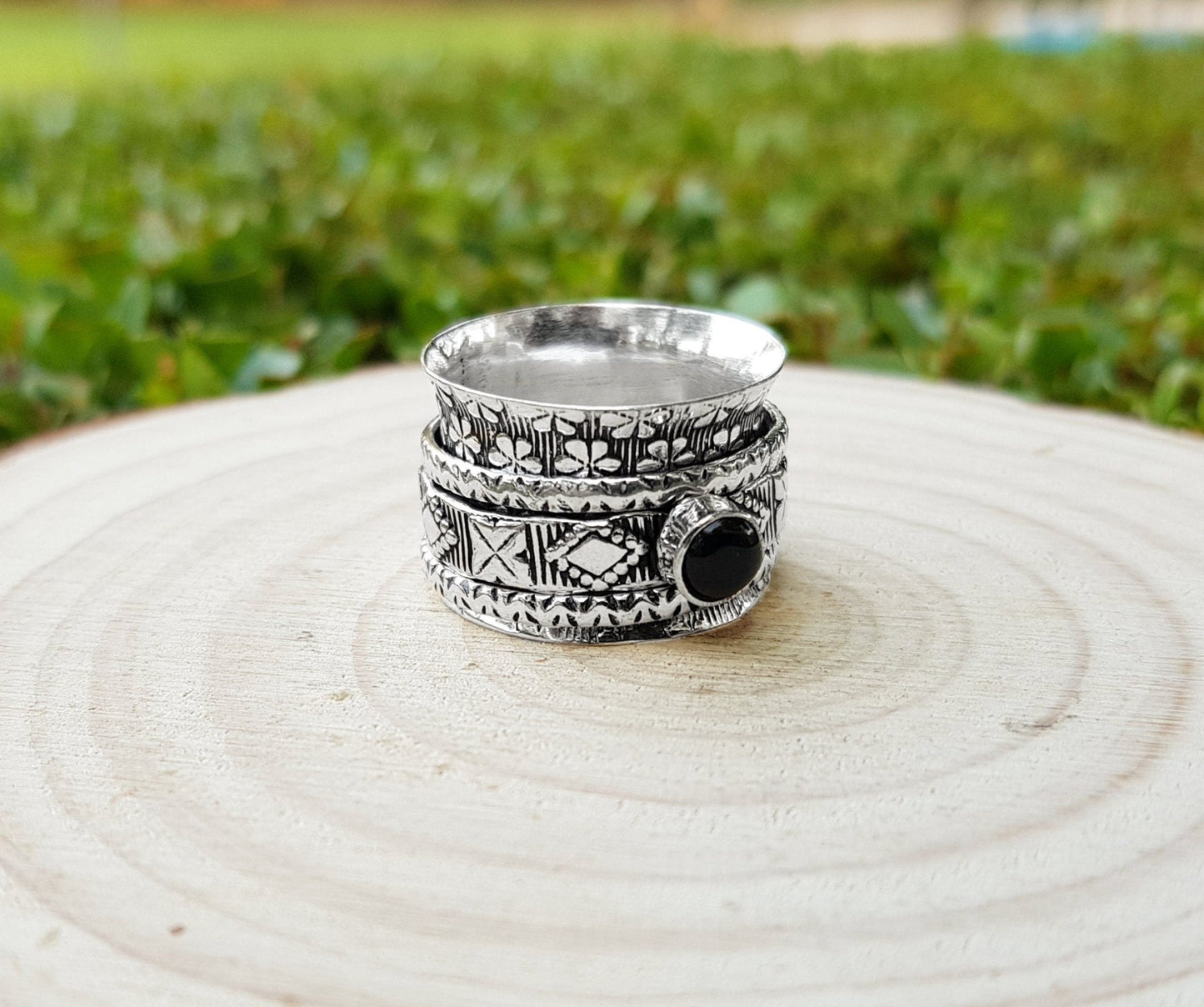 Black Onyx Sterling Silver Spinner Ring Size US 7 3/4 Unisex Ring Boho Ring Gypsy Jewellery Statement Ring Unique Gift - LunarGem - Rings