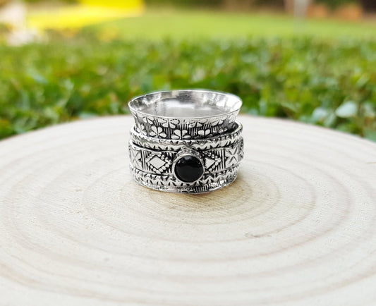 Black Onyx Sterling Silver Spinner Ring Size US 7 3/4 Unisex Ring Boho Ring Gypsy Jewellery Statement Ring Unique Gift - LunarGem - Rings