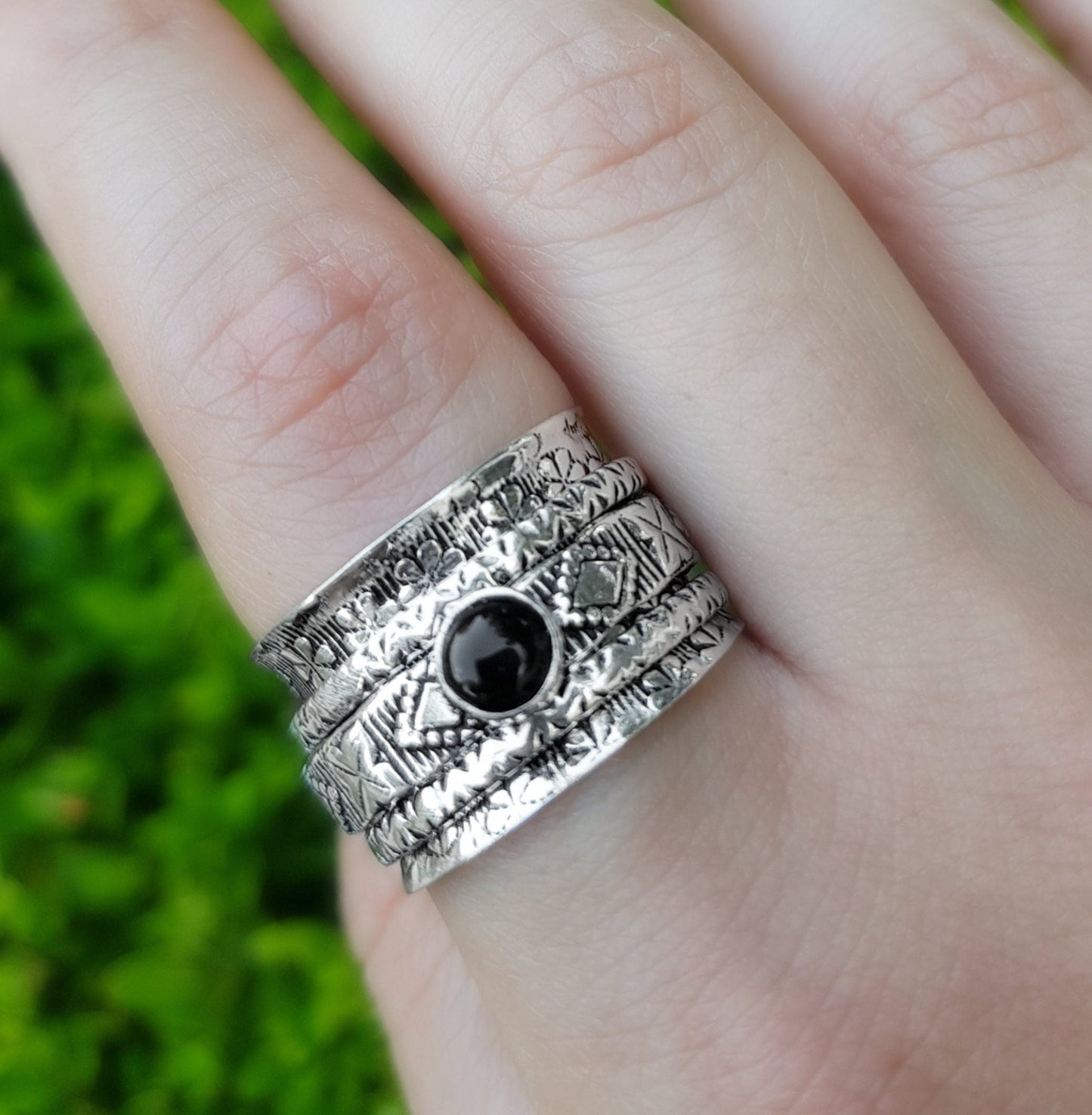 Black Onyx Sterling Silver Spinner Ring Size US 7 3/4 Unisex Ring Boho Ring Gypsy Jewellery Statement Ring Unique Gift - LunarGem - Rings
