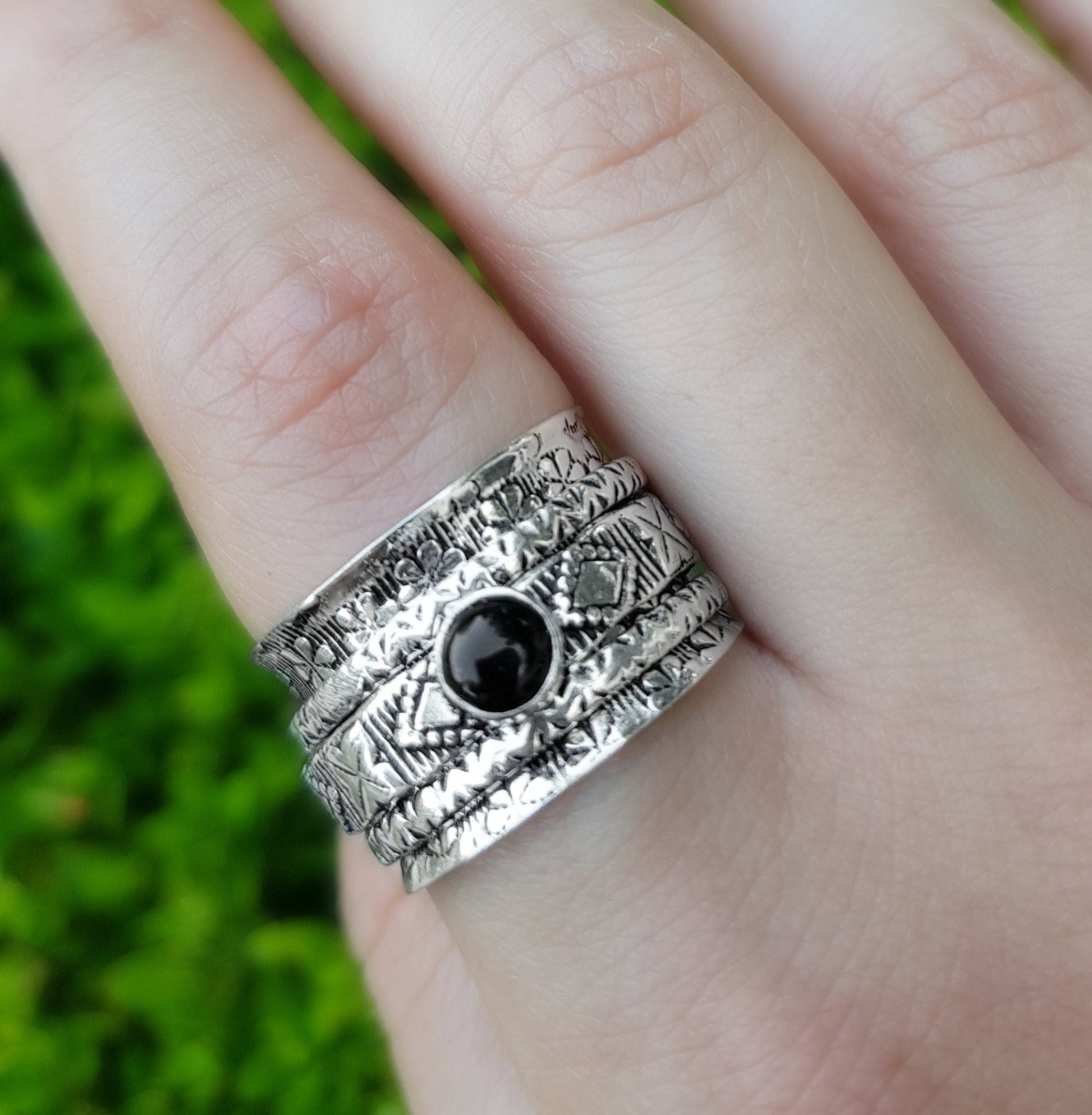 Black Onyx Sterling Silver Spinner Ring Size US 7 3/4 Unisex Ring Boho Ring Gypsy Jewellery Statement Ring Unique Gift - LunarGem - Rings