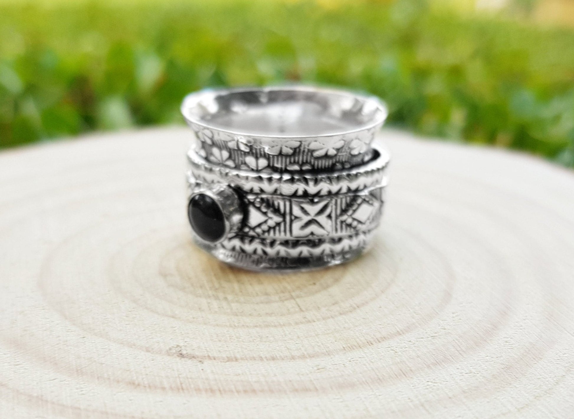 Black Onyx Sterling Silver Spinner Ring Size US 7 3/4 Unisex Ring Boho Ring Gypsy Jewellery Statement Ring Unique Gift - LunarGem - Rings