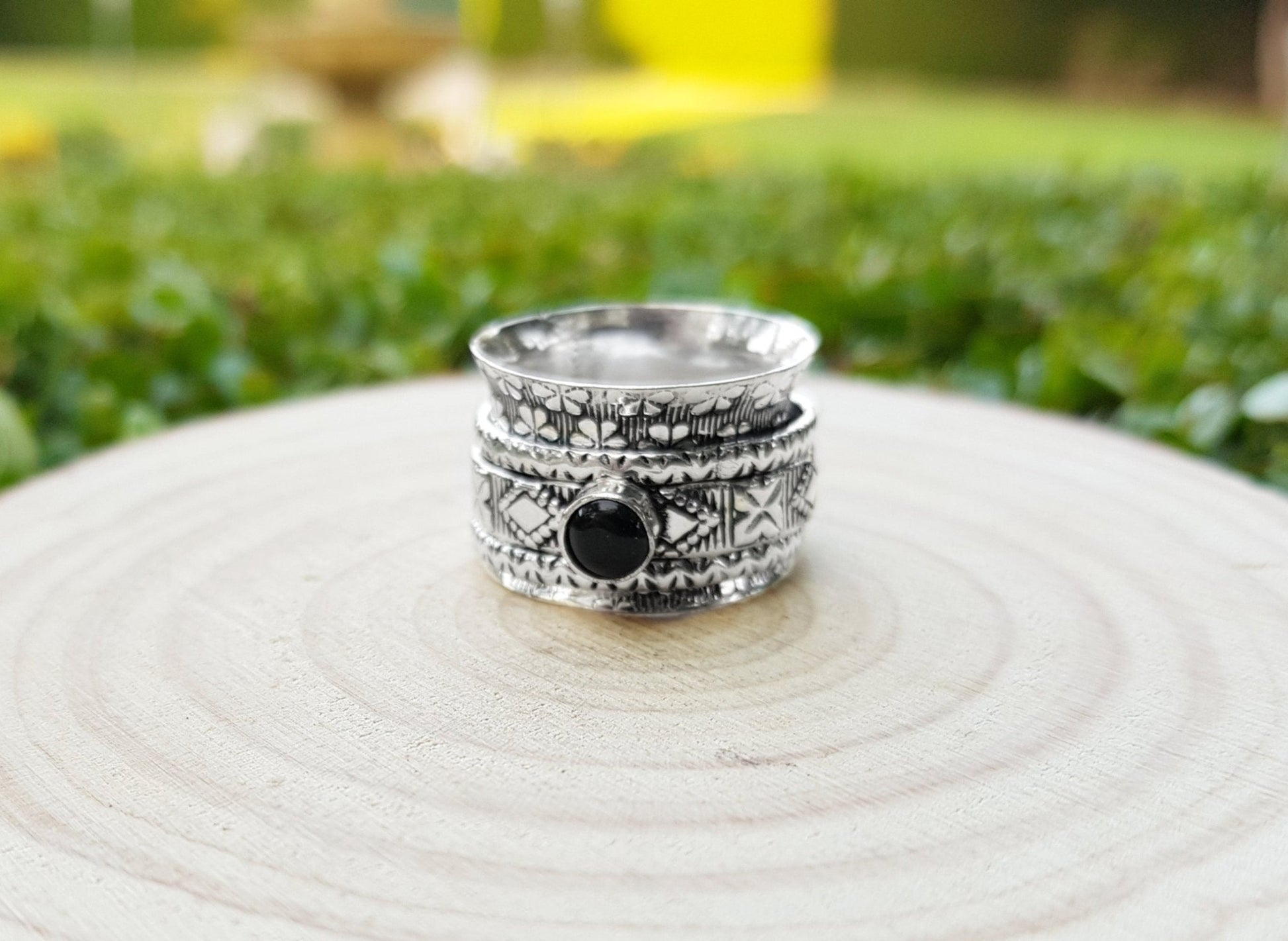 Black Onyx Sterling Silver Spinner Ring Size US 7 3/4 Unisex Ring Boho Ring Gypsy Jewellery Statement Ring Unique Gift - LunarGem - Rings
