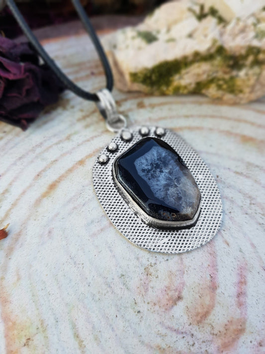 Black Solar Agate Pendant, Agate Necklace In Sterling Silver One Of A Kind - LunarGem - 