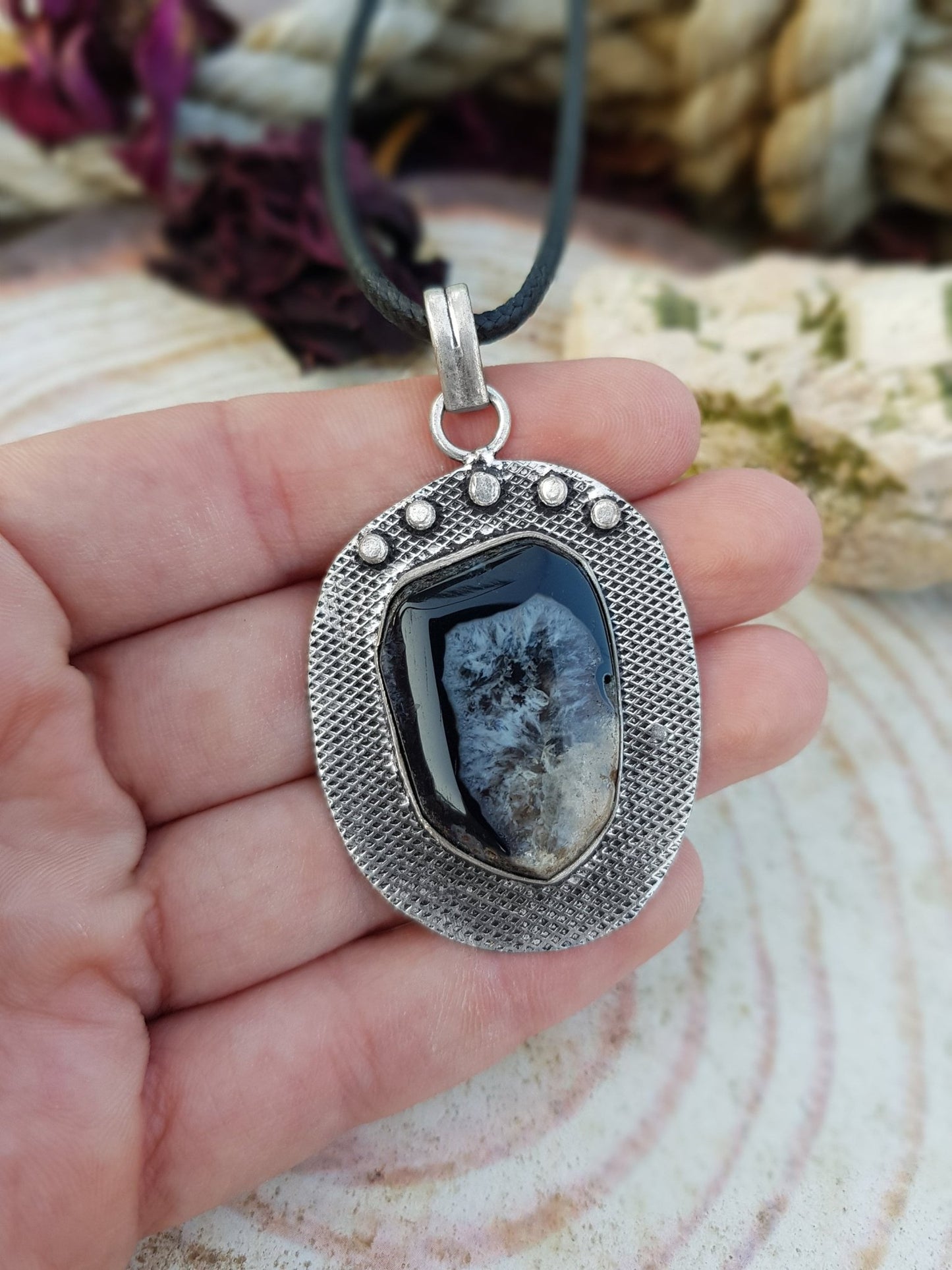Black Solar Agate Pendant, Agate Necklace In Sterling Silver One Of A Kind - LunarGem - 
