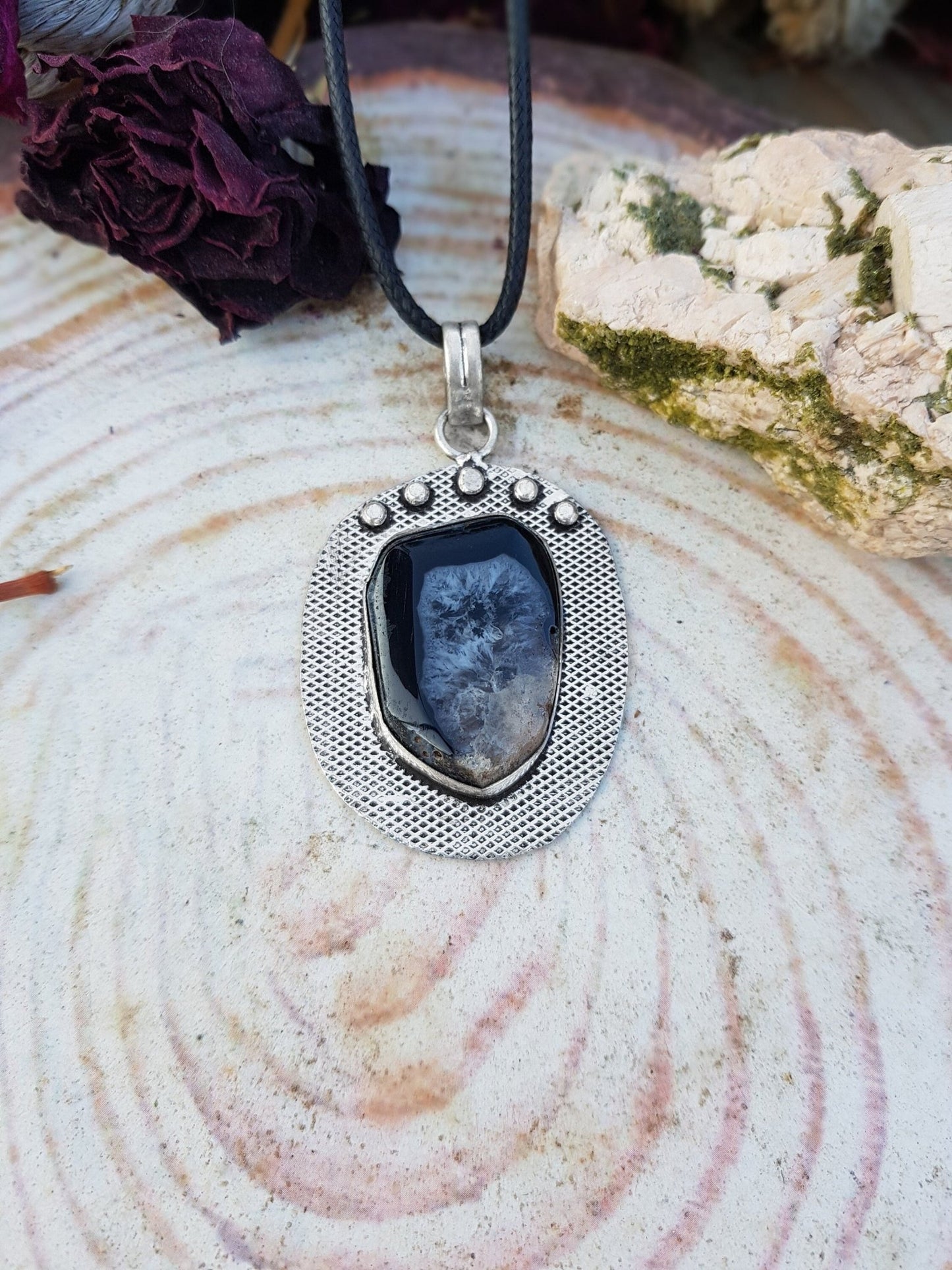 Black Solar Agate Pendant, Agate Necklace In Sterling Silver One Of A Kind - LunarGem - 