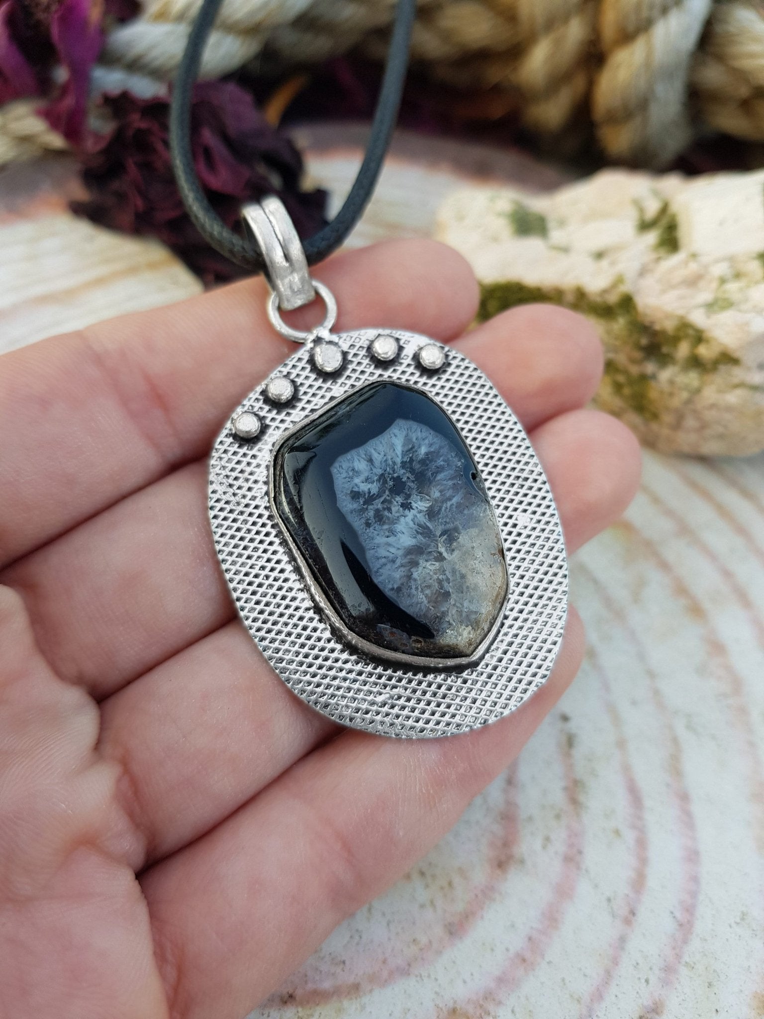Black Solar Agate Pendant, Agate Necklace In Sterling Silver One Of A Kind - LunarGem - 