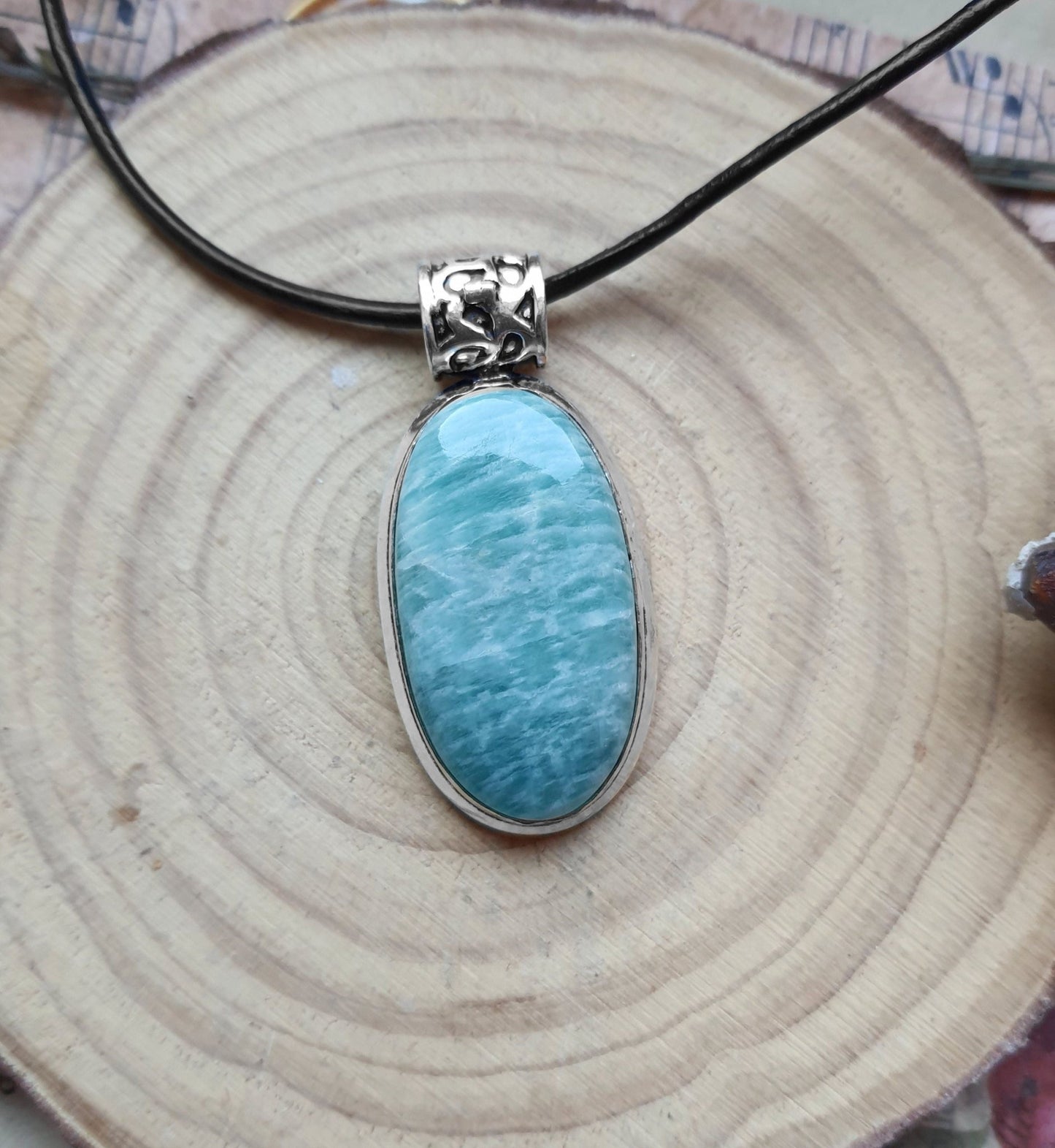 Blue Amazonite Sterling Silver Pendant Necklace - Boho Stone Jewelry - LunarGem - 